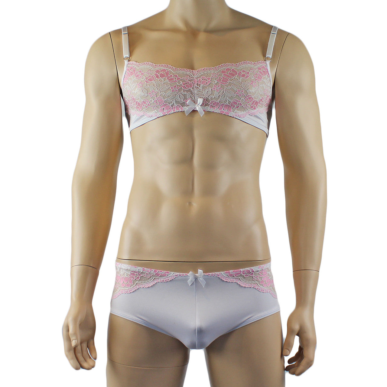 Mens Luxury Bra Top and Boxer Brief with Garters & Stockings White