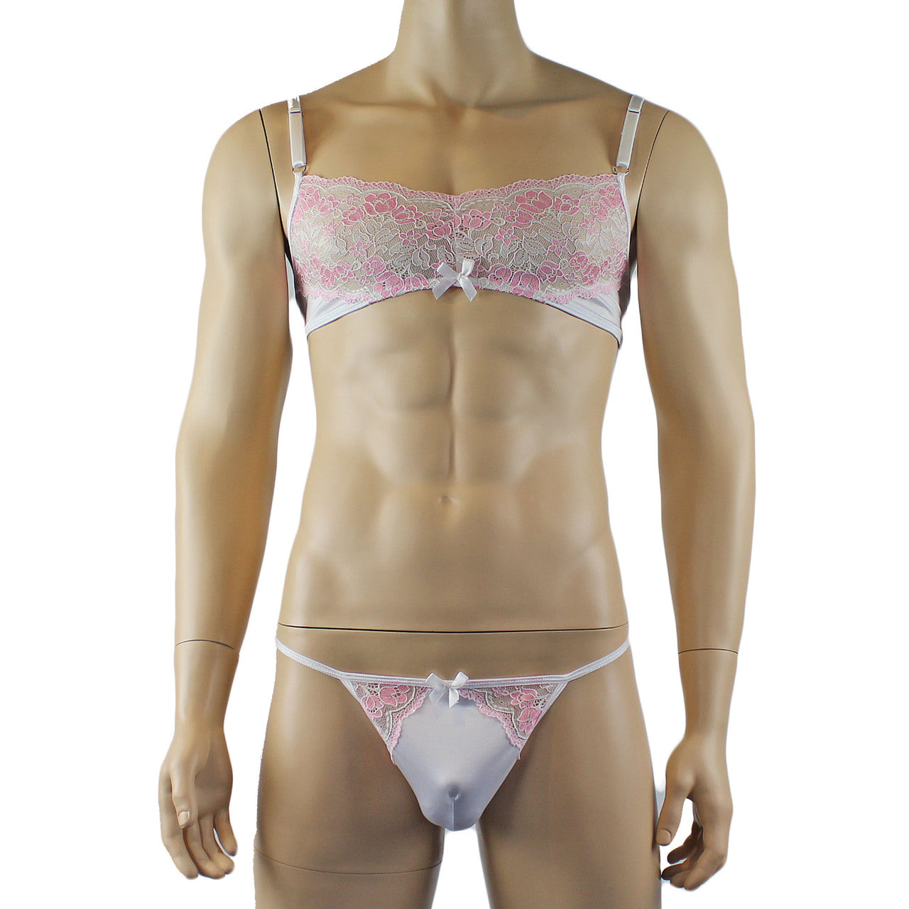 Mens Luxury Spandex & Lace Bra Top and G string White