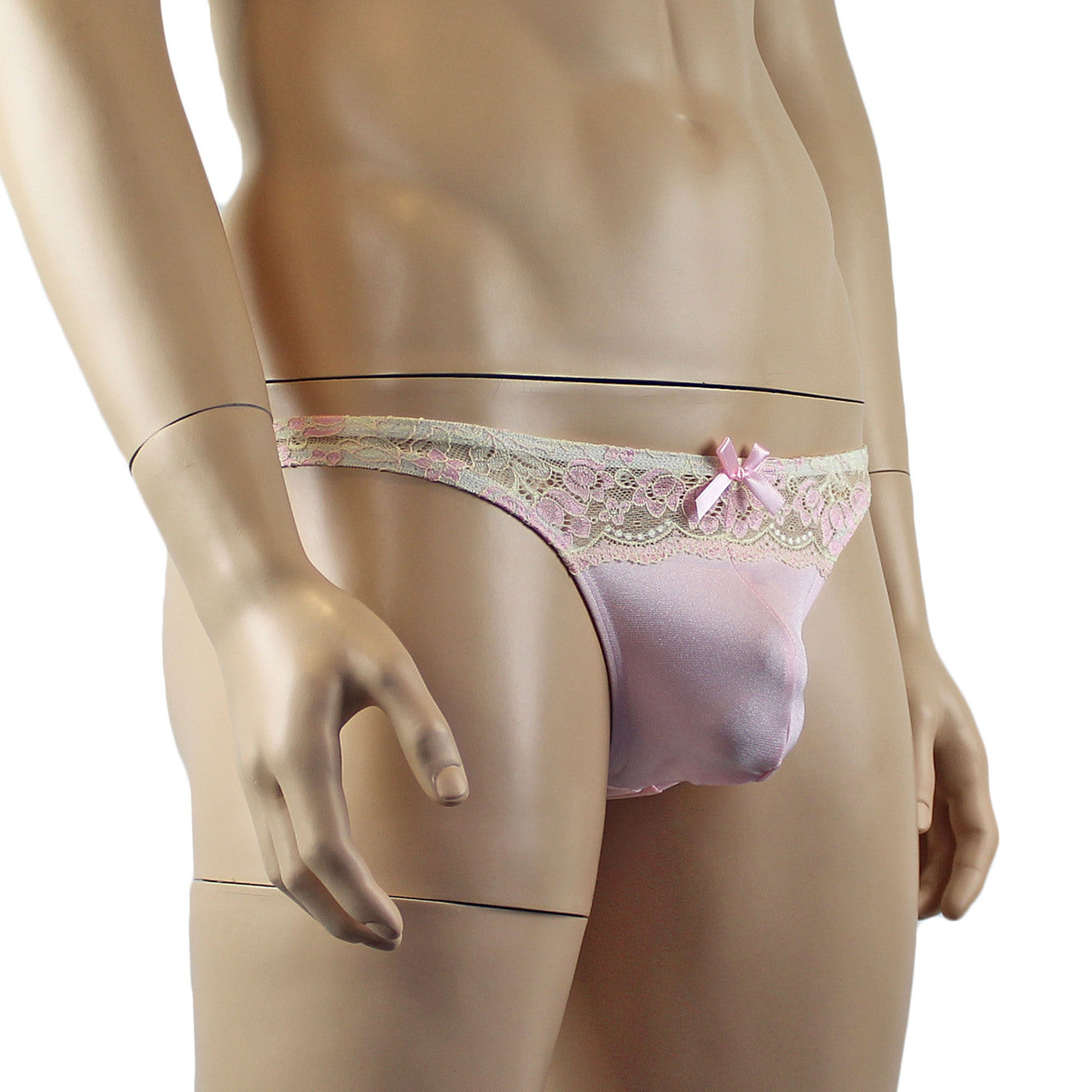 Mens Luxury Stretch G string Thong with Beautiful Lace Front Pink
