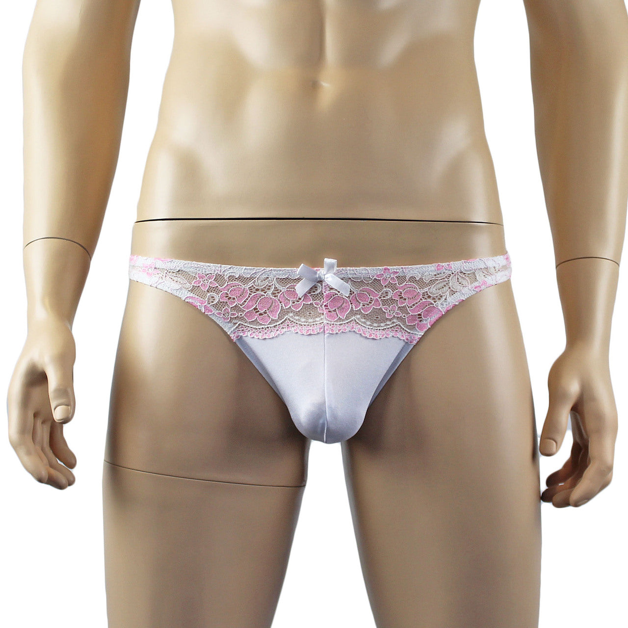 Mens Luxury Stretch G string Thong with Beautiful Lace Front White