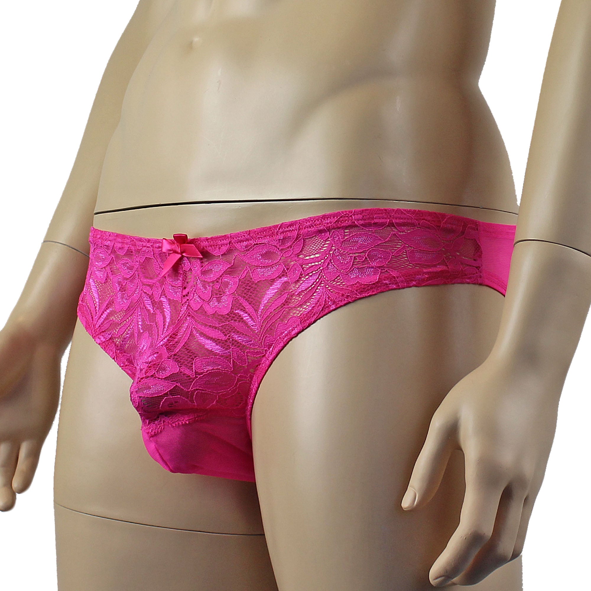 Mens Kristy Sexy Lace Bikini Brief Panties with See through Back Hot Pink