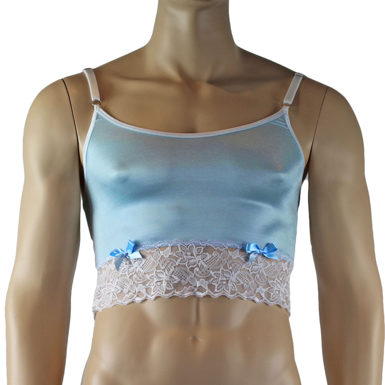 Mens Joanne Satin & Lace Crop Cami Top - Sizes up to 3XL Light Blue and White Lace