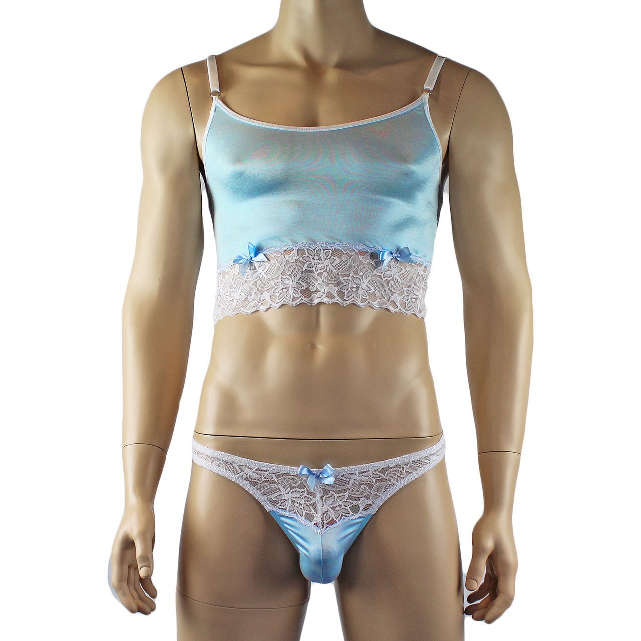 Mens Satin & Lace Crop Cami Top with Sexy Thong (light blue plus other colours)