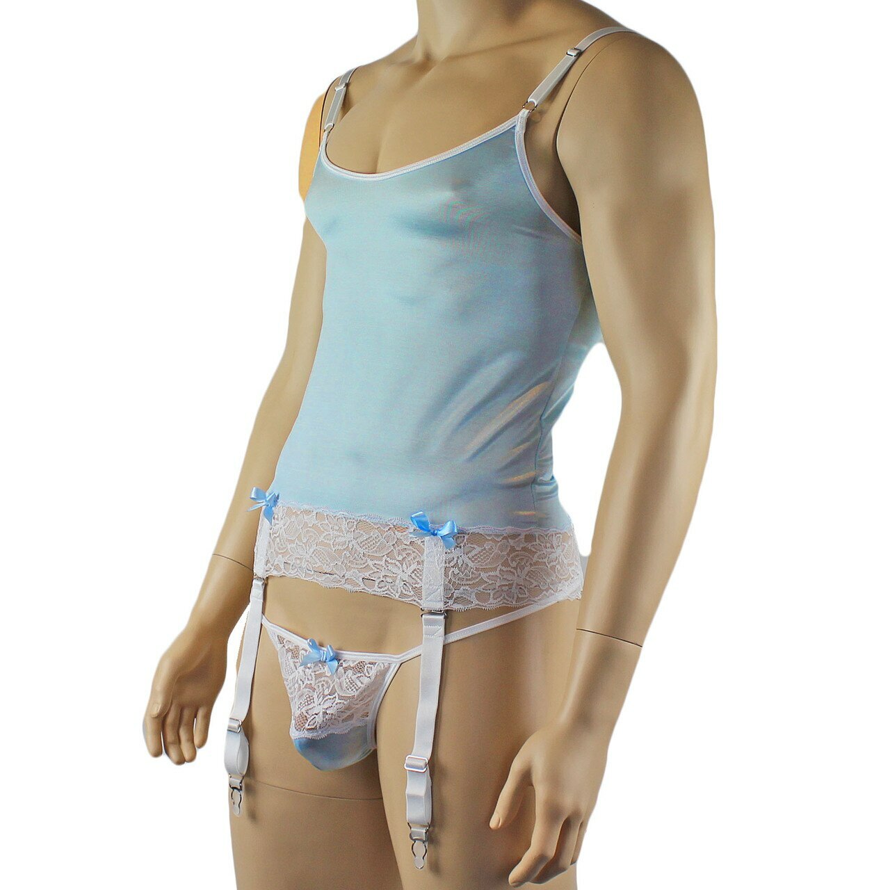 Mens Joanne Camisole Bustier Garter Top with Pouch G string - Sizes up to 3XL Light Blue and White Lace