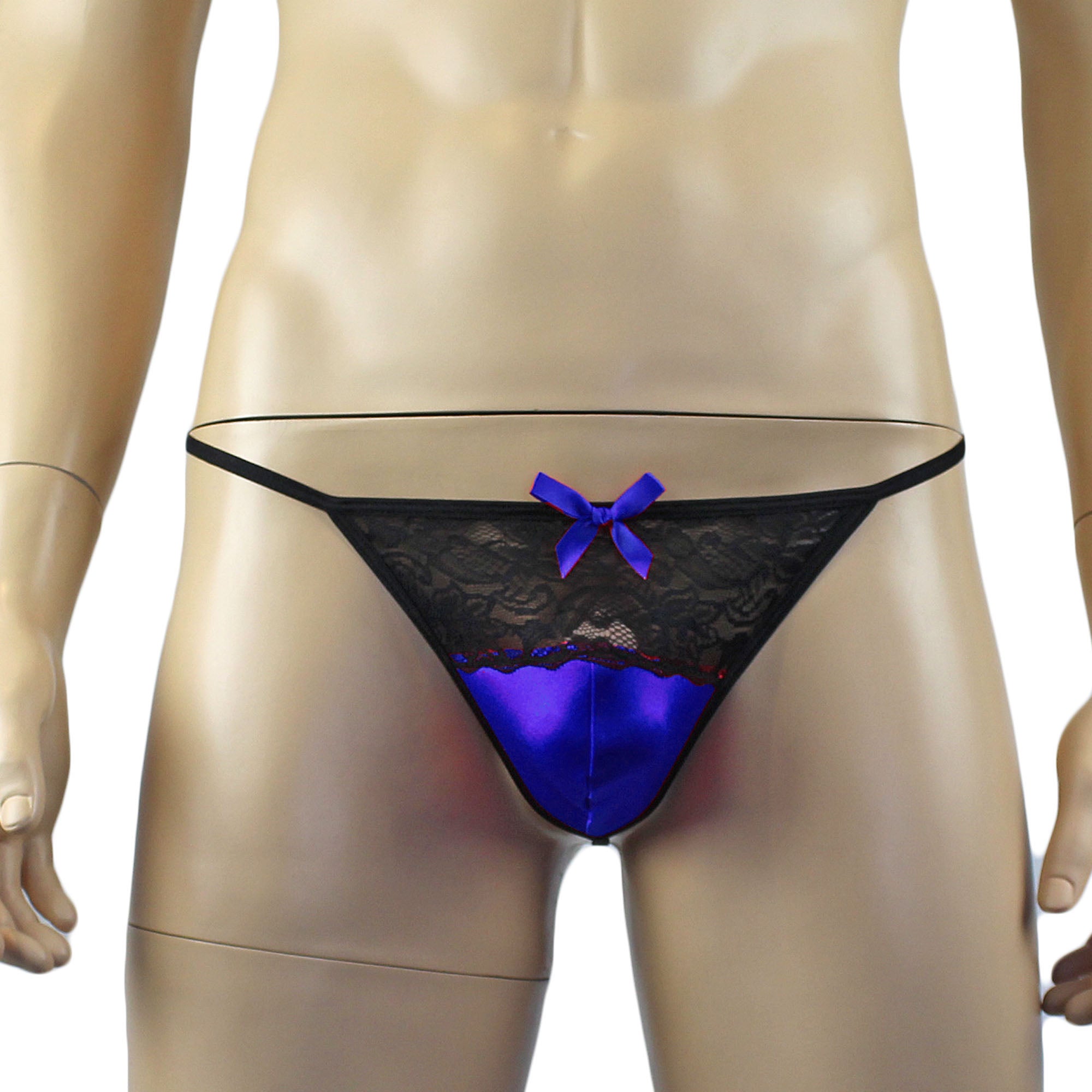 Mens Joanne Lacey G string with Bow Blue and Black Lace