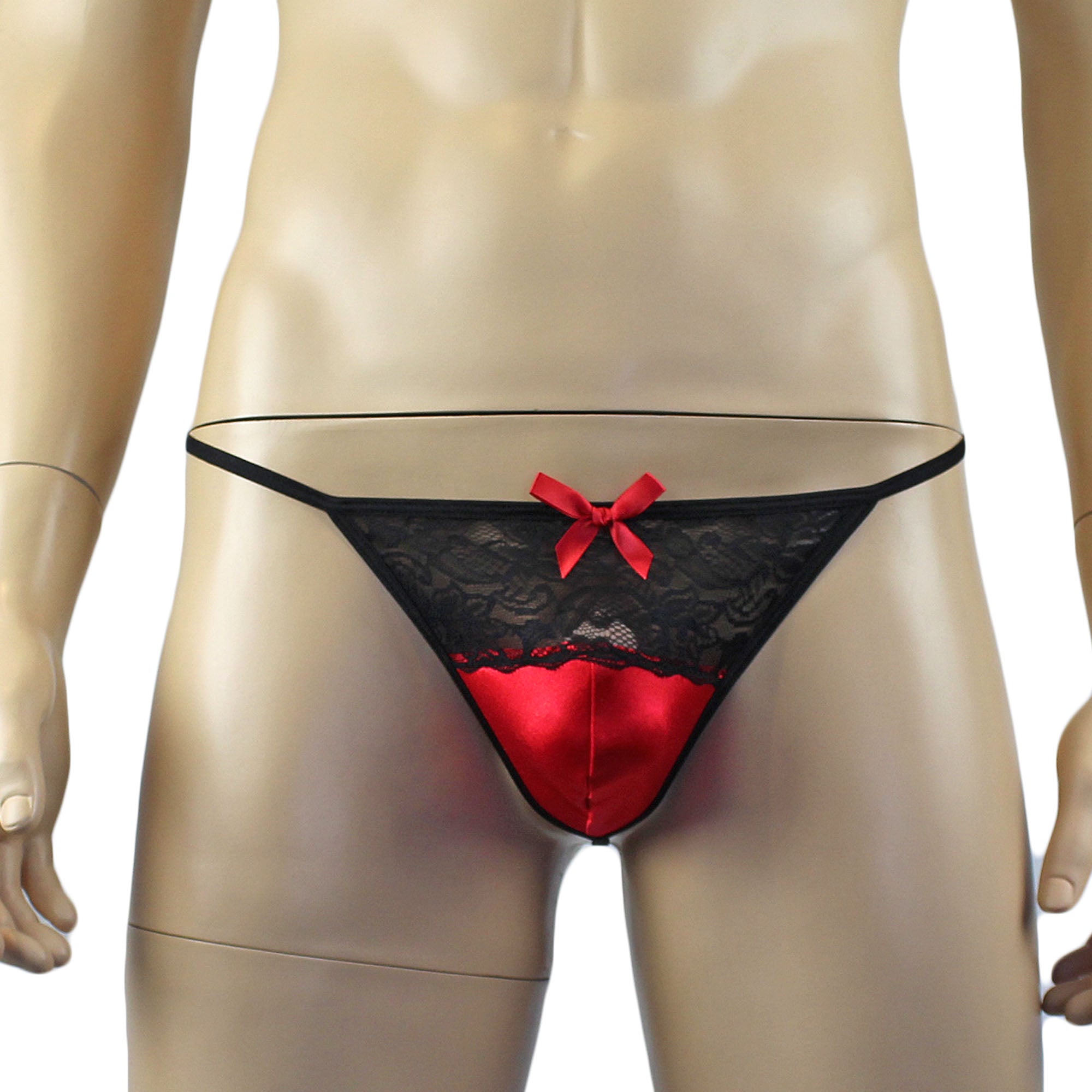 Mens Joanne Lacey G string with Bow Red and Black Lace