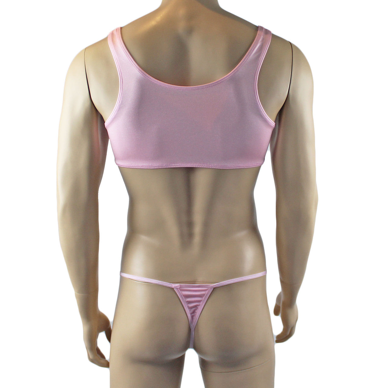 Male Penny Lingerie Bra Top with V Lace front and Pouch G string Light Pink