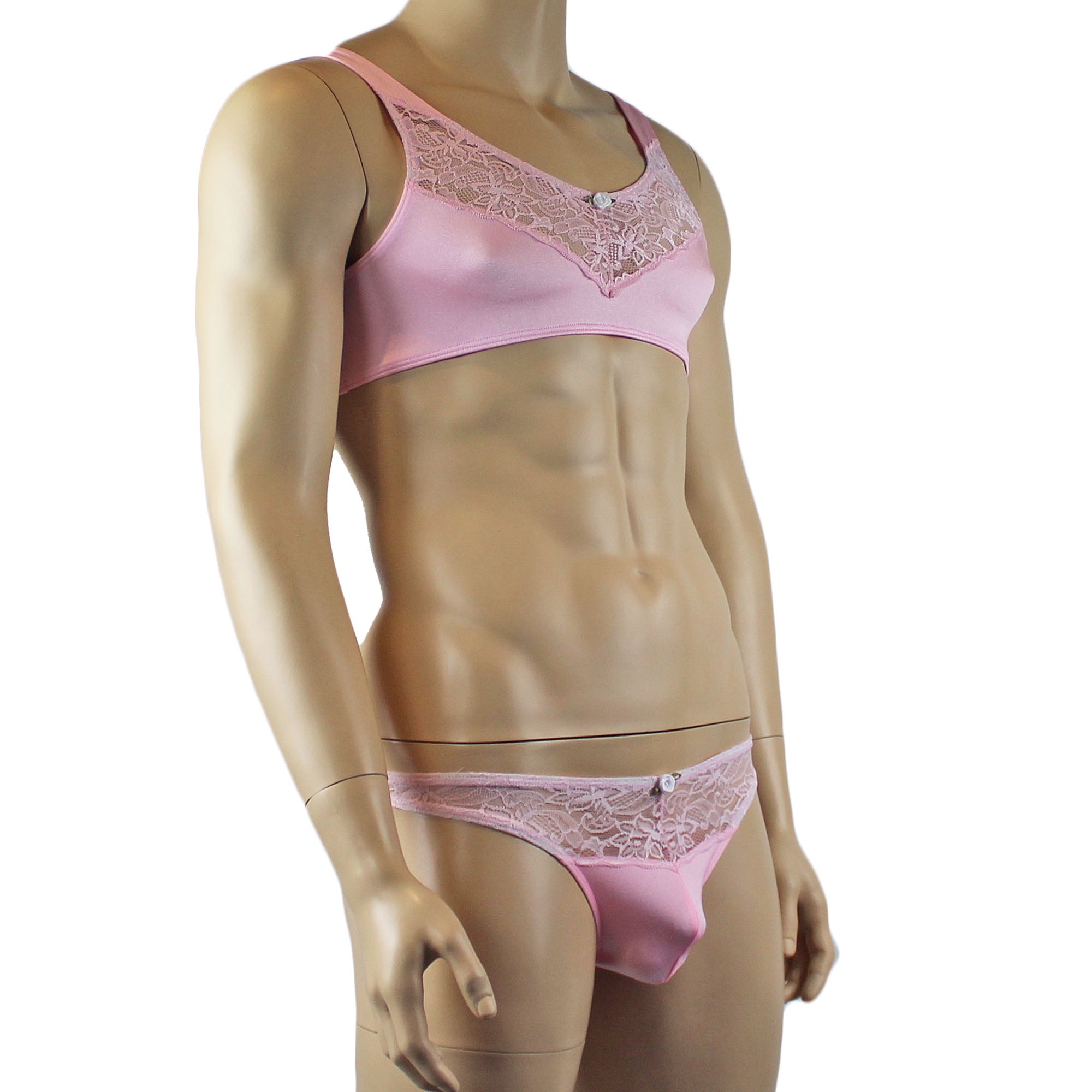 Male Penny Lingerie Bra Top with V Lace front and Capri Bikini Light Pink
