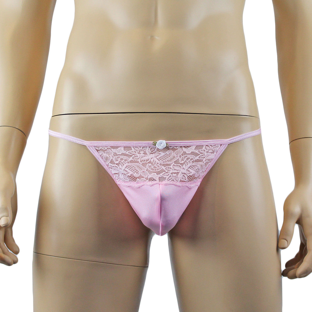 Male Penny Lingerie Stretch Spandex Pouch G string with Lace Light Pink