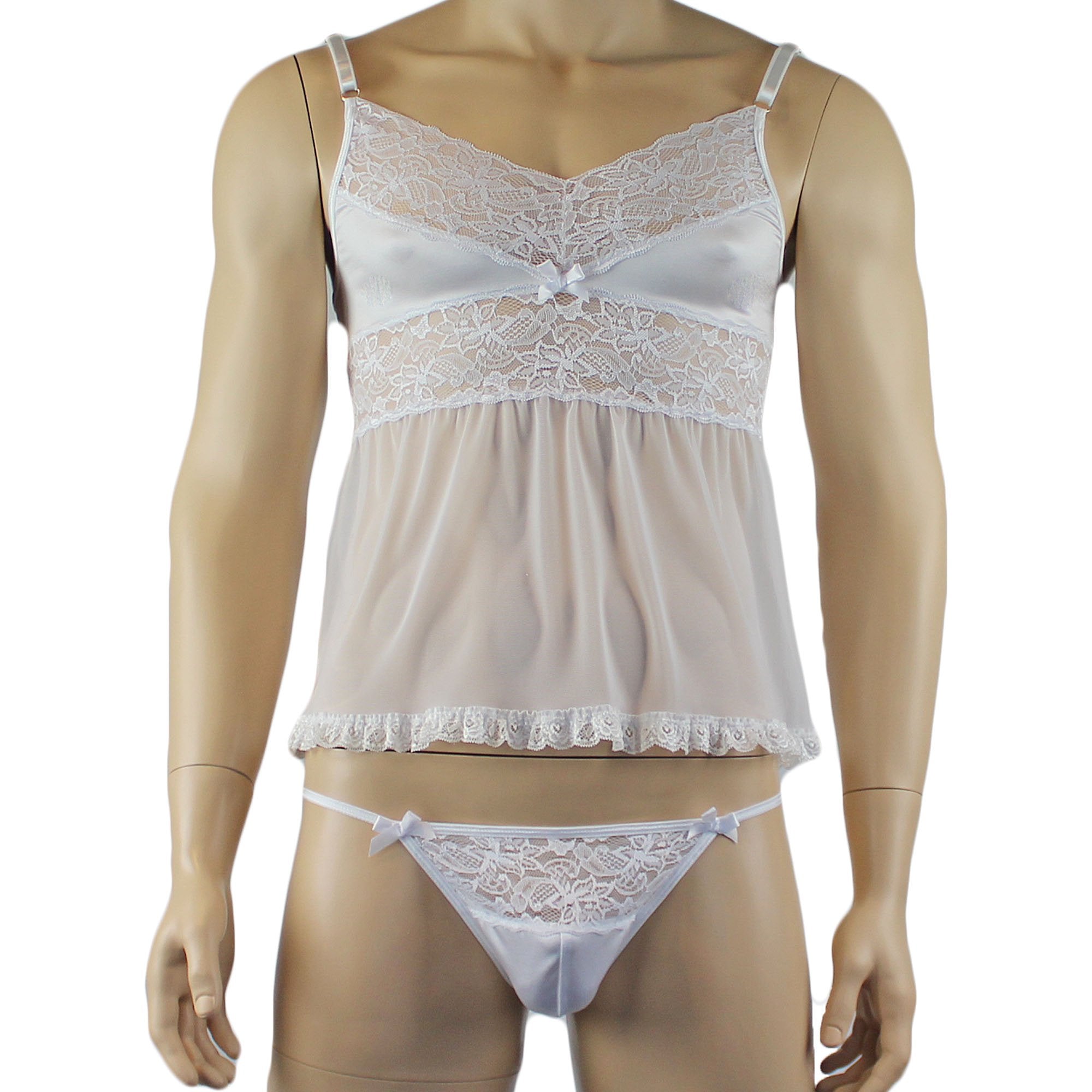 Male Romance Stretch Spandex Mini Babydoll Camisole & G string for Lingerie Men White or Black