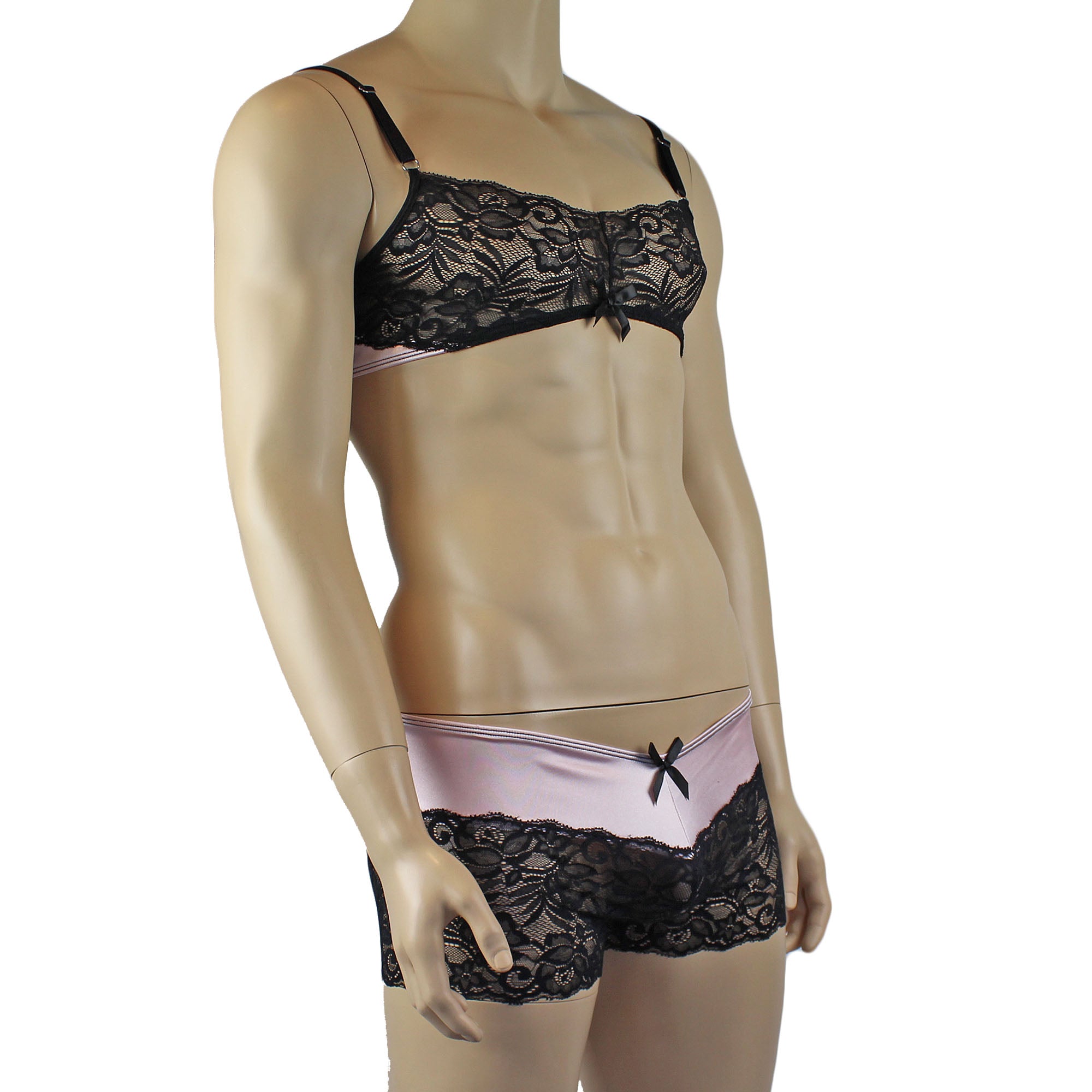 Mens Risque Bra Top, Boxer Briefs Light Pink & Black Lace