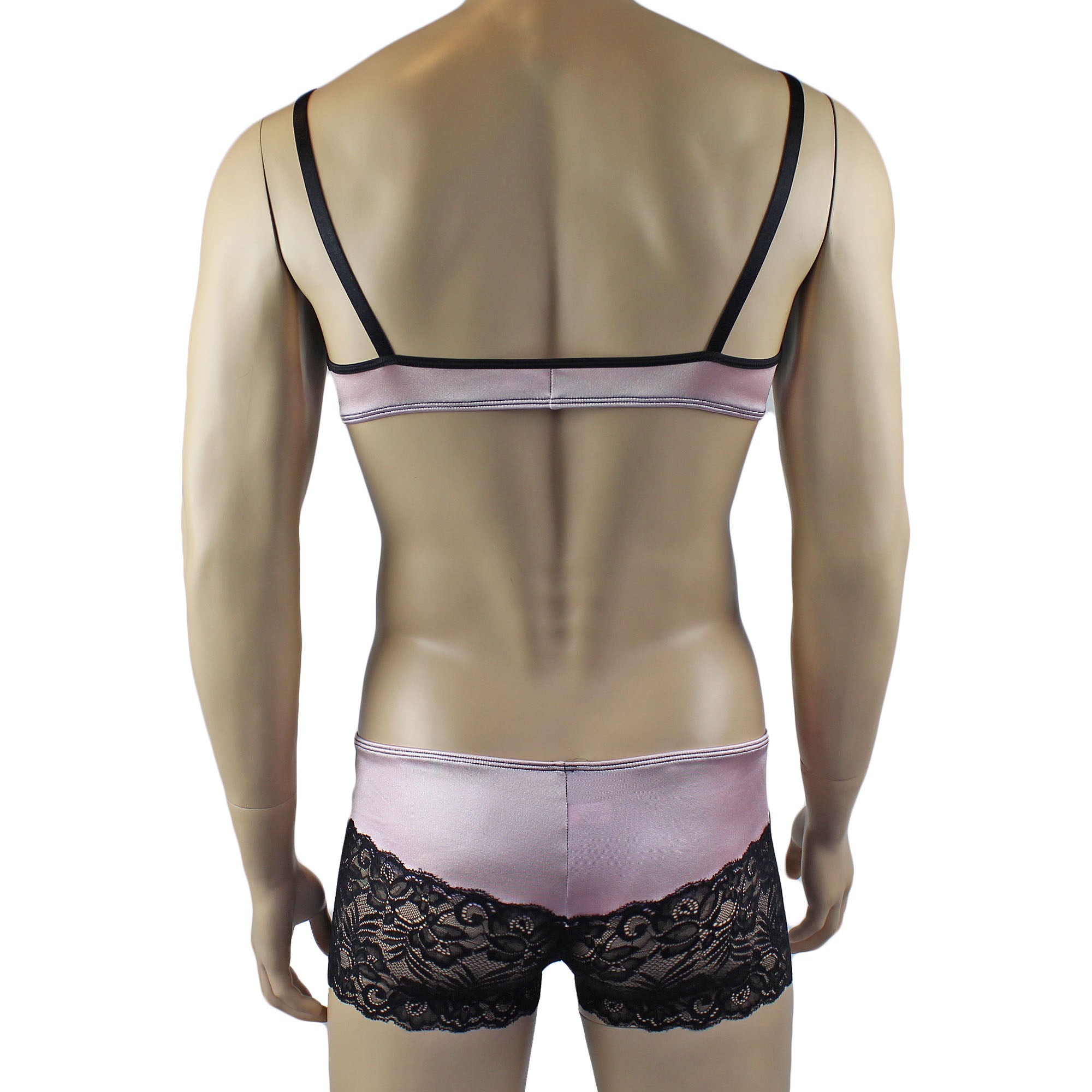 Mens Risque Bra Top, Boxer Briefs Light Pink & Black Lace