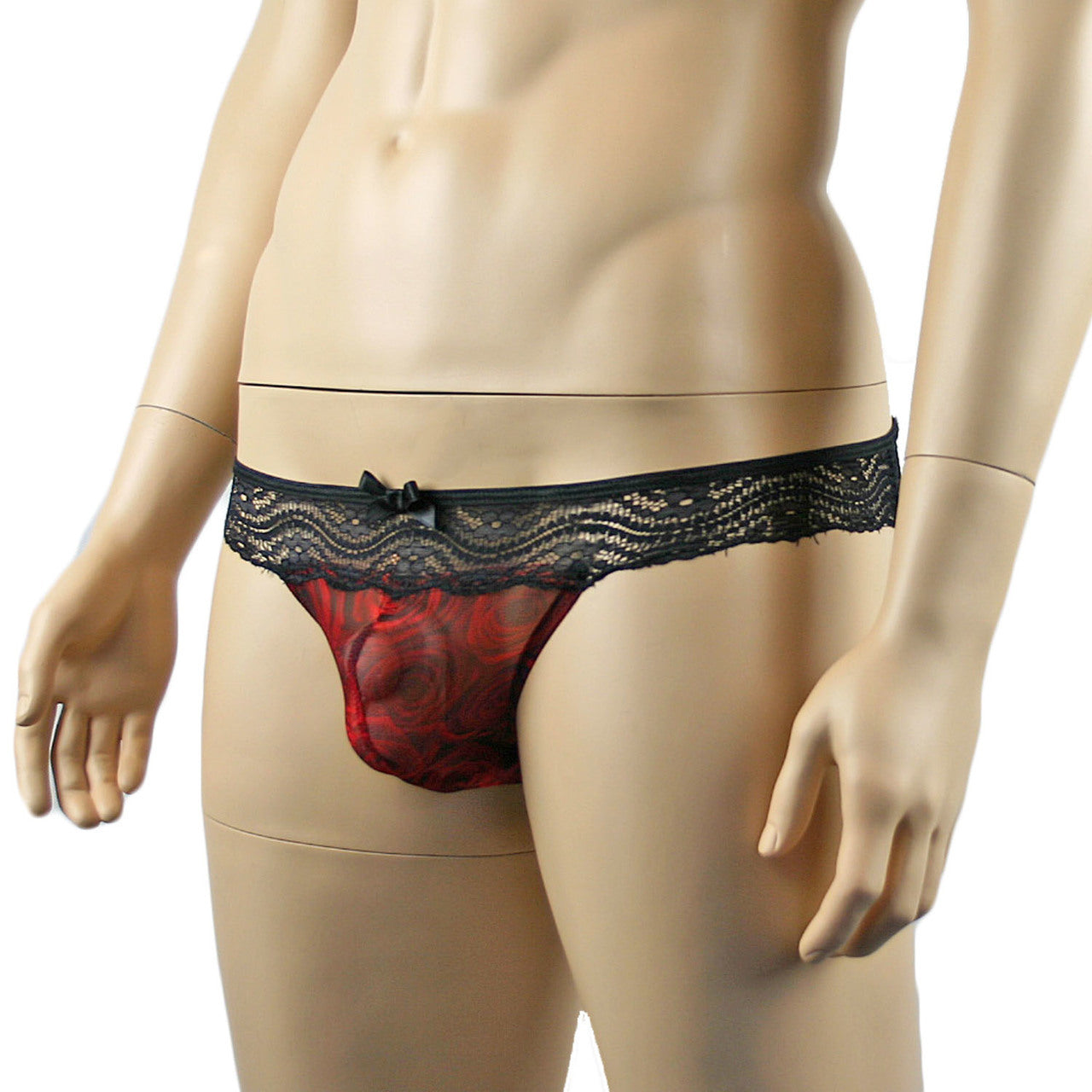 Mens Roses Bikini Brief, Sexy Sheer Lingerie Underwear Red and Black Lace