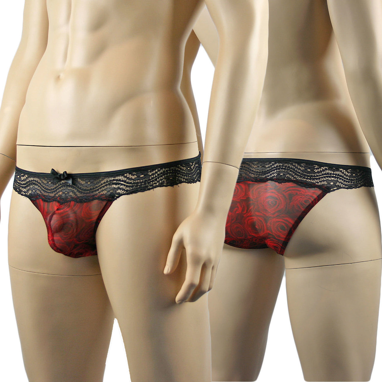 Mens Roses Bikini Brief, Sexy Sheer Lingerie Underwear Red and Black Lace