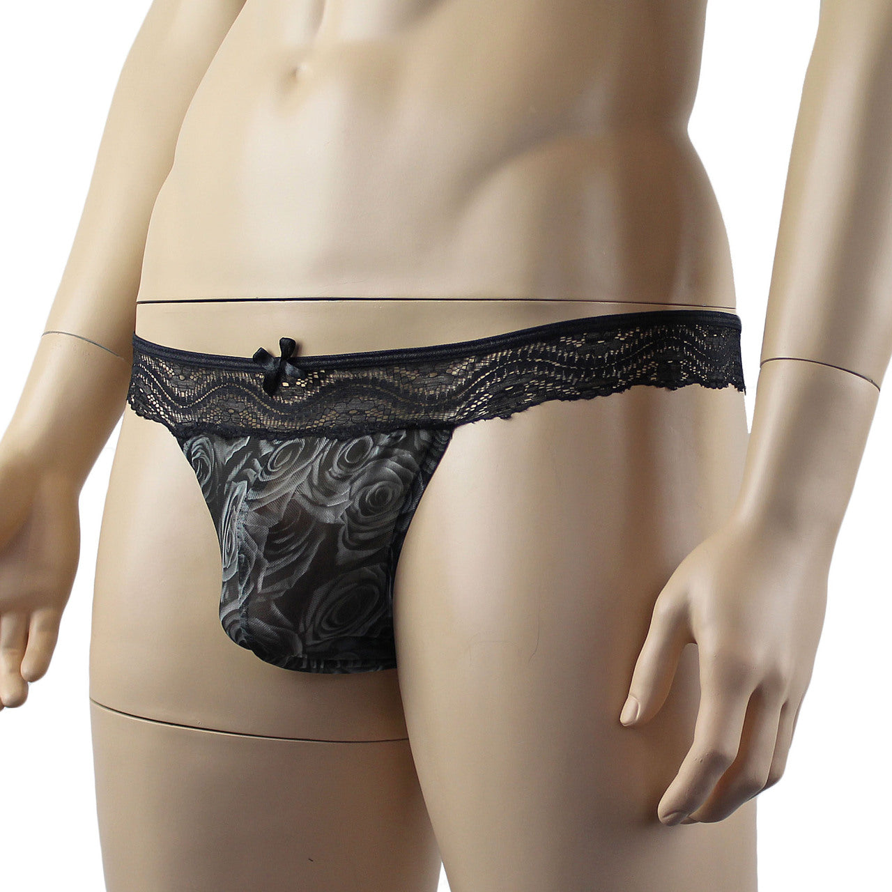 Mens Roses Thong, Sexy Sheer Lingerie Underwear Grey and Black lace