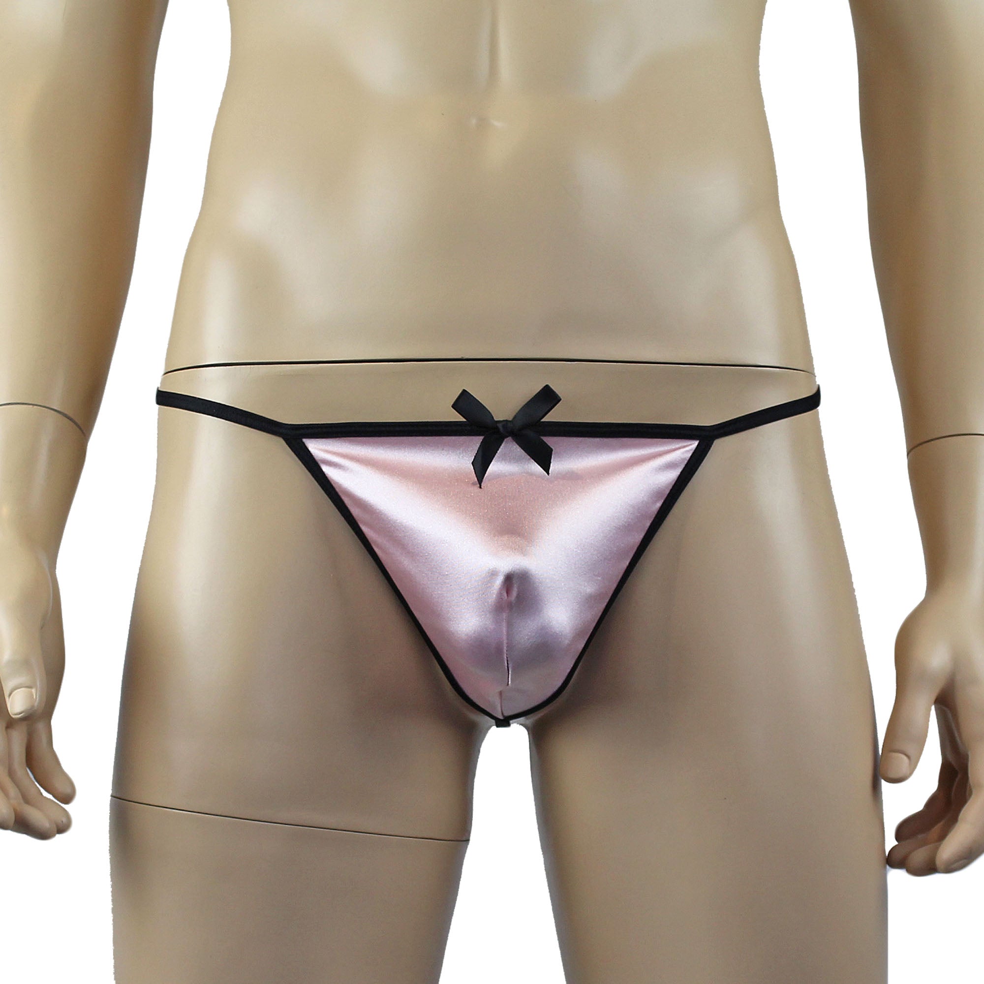 Mens Risque Stretch Satin Pouch G string with Bow Light Pink