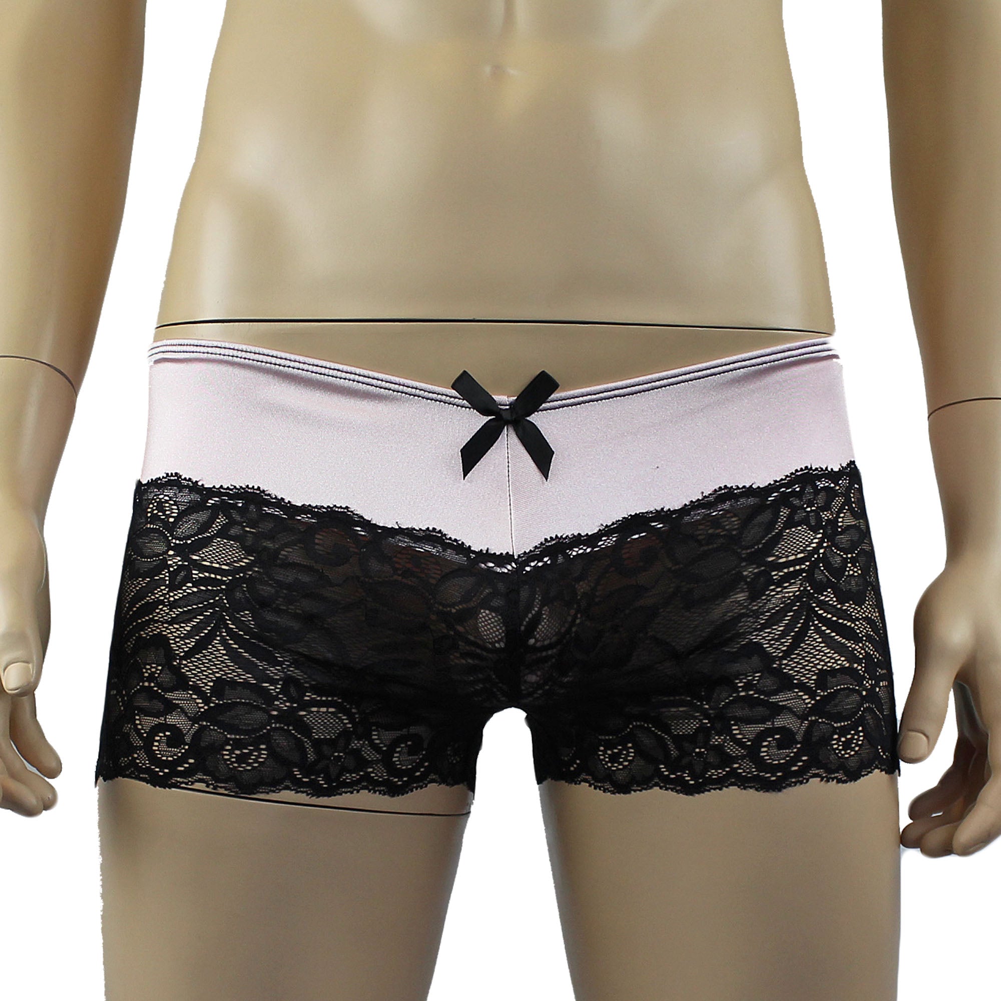 Mens Risque Bra Top, Boxer Briefs Light Pink & Black Lace