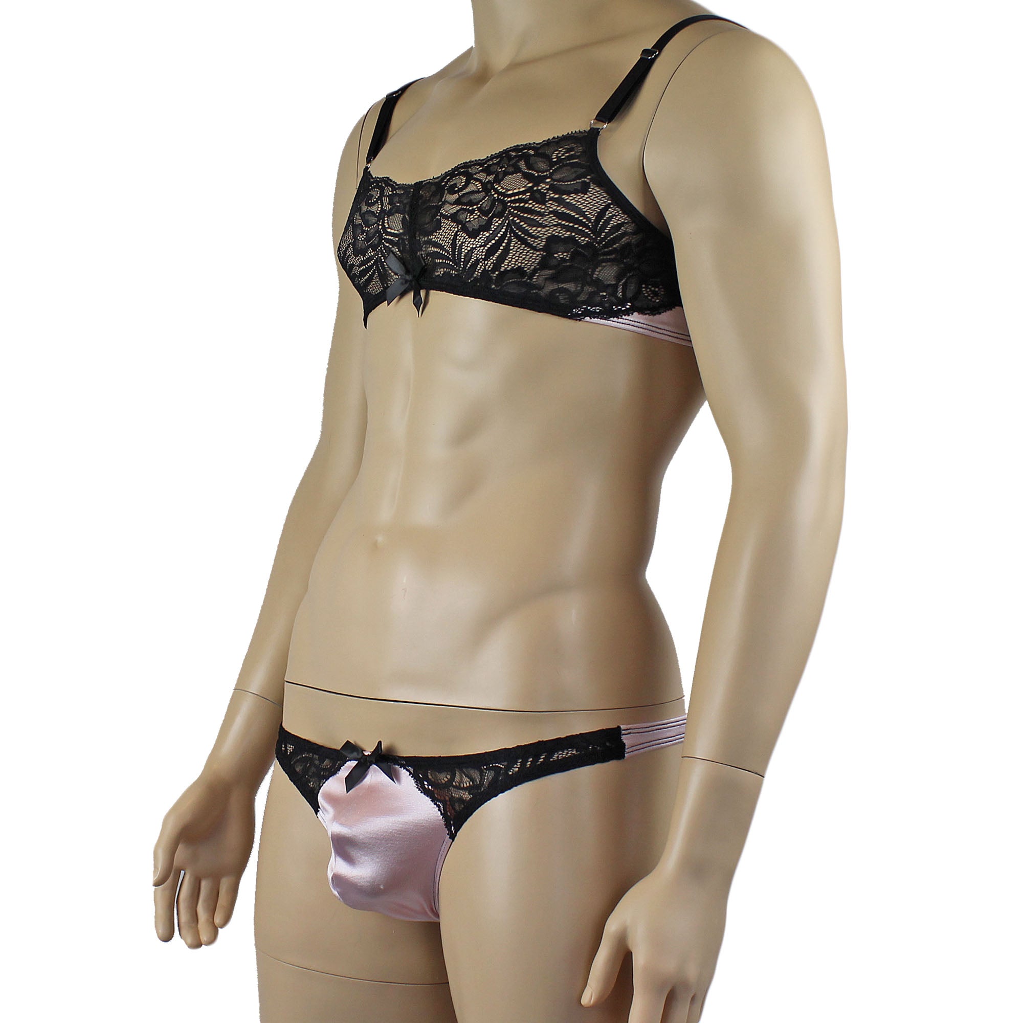 Mens Risque Bra Top and Thong Light Pink and Black Lace