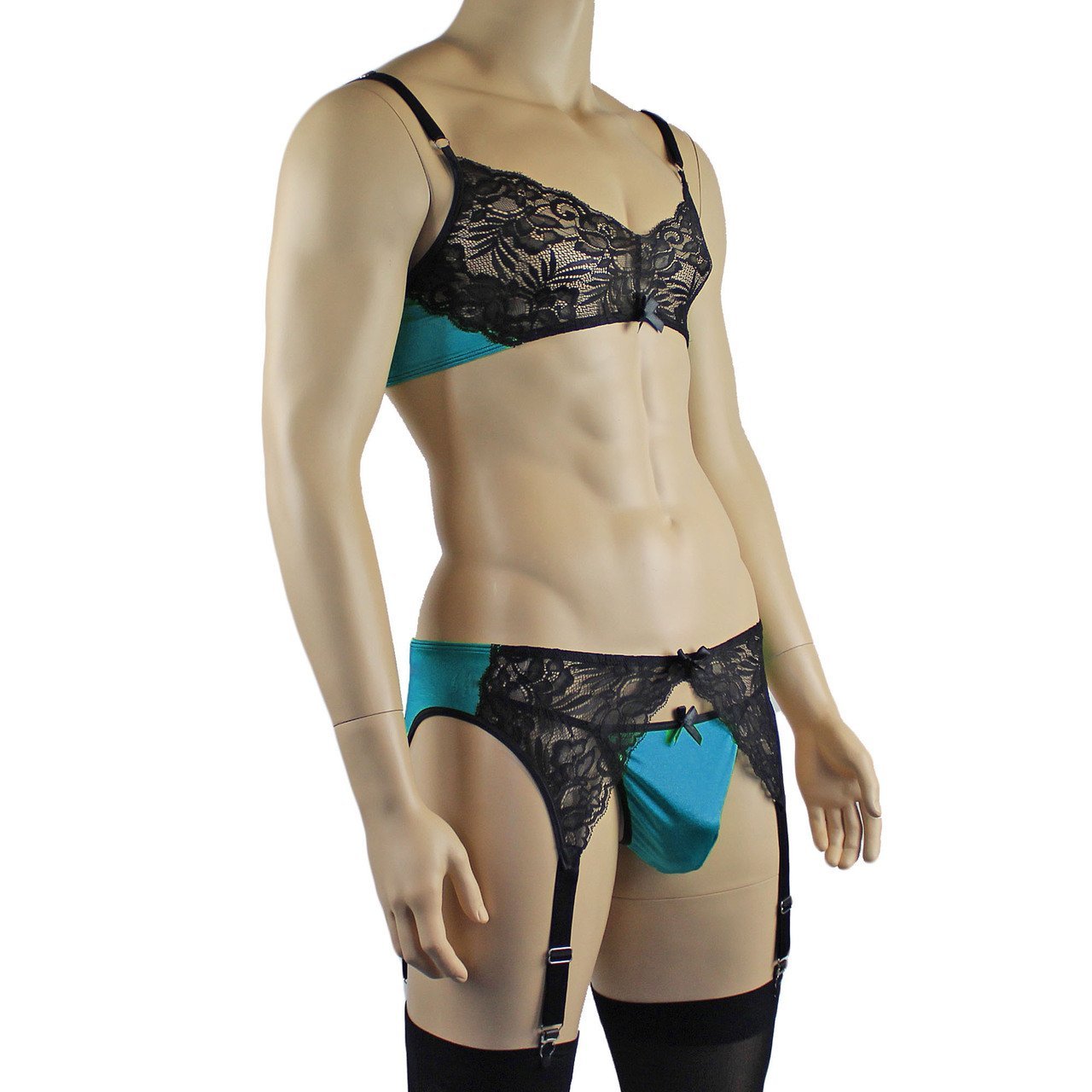 Mens Risque Bra Top, G string and Garterbelt (green and black plus other colours)