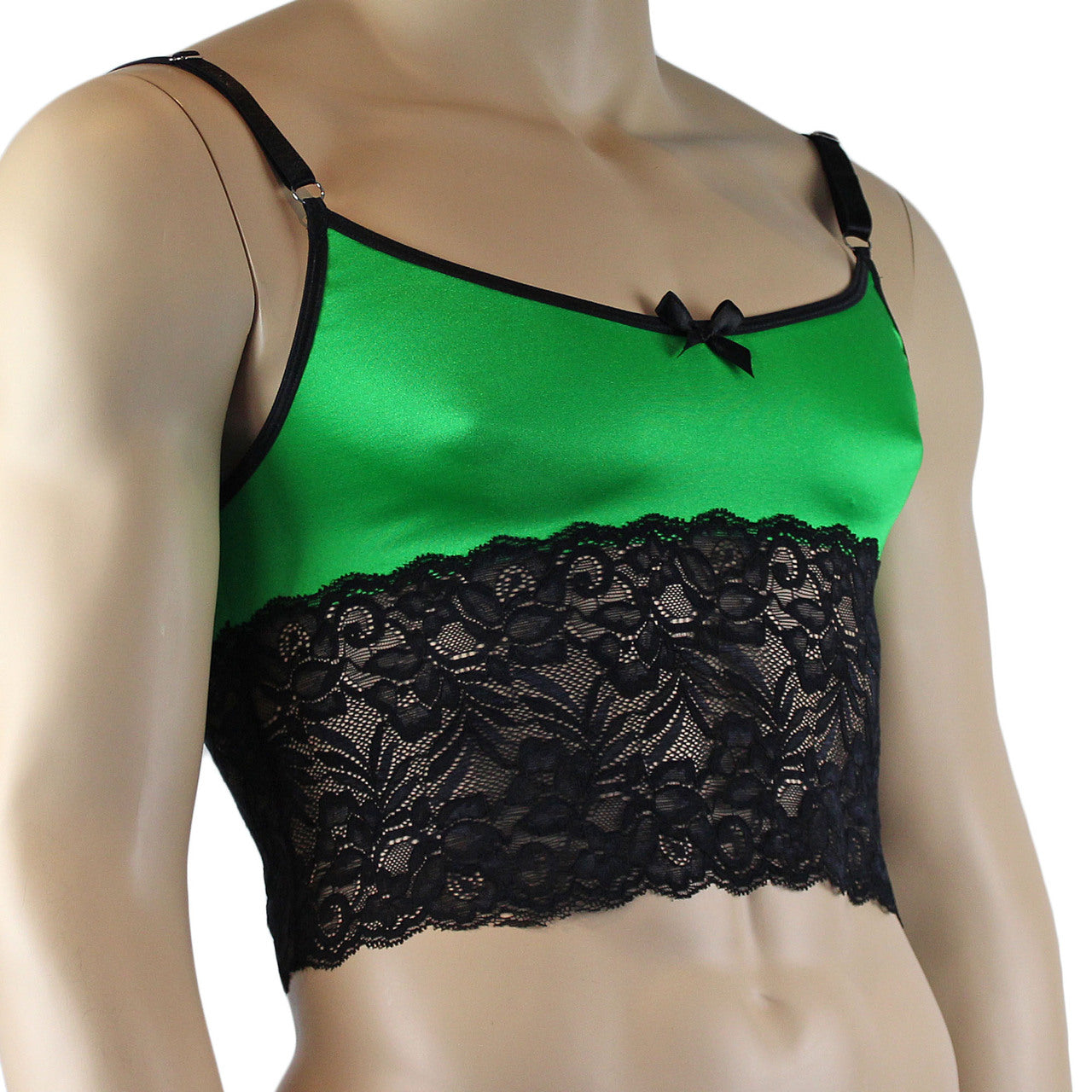 Mens Risque Camisole Bra Top with Wide Lace Trim Green and Black Lace