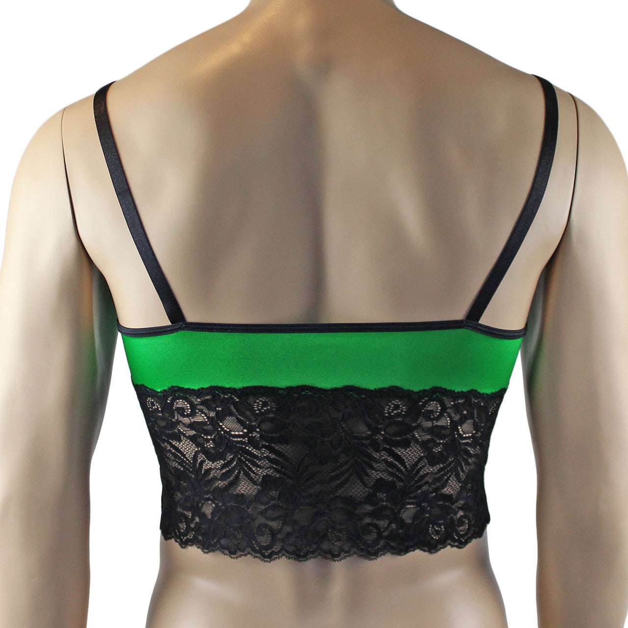 Mens Risque Camisole Bra Top with Wide Lace Trim Green and Black Lace