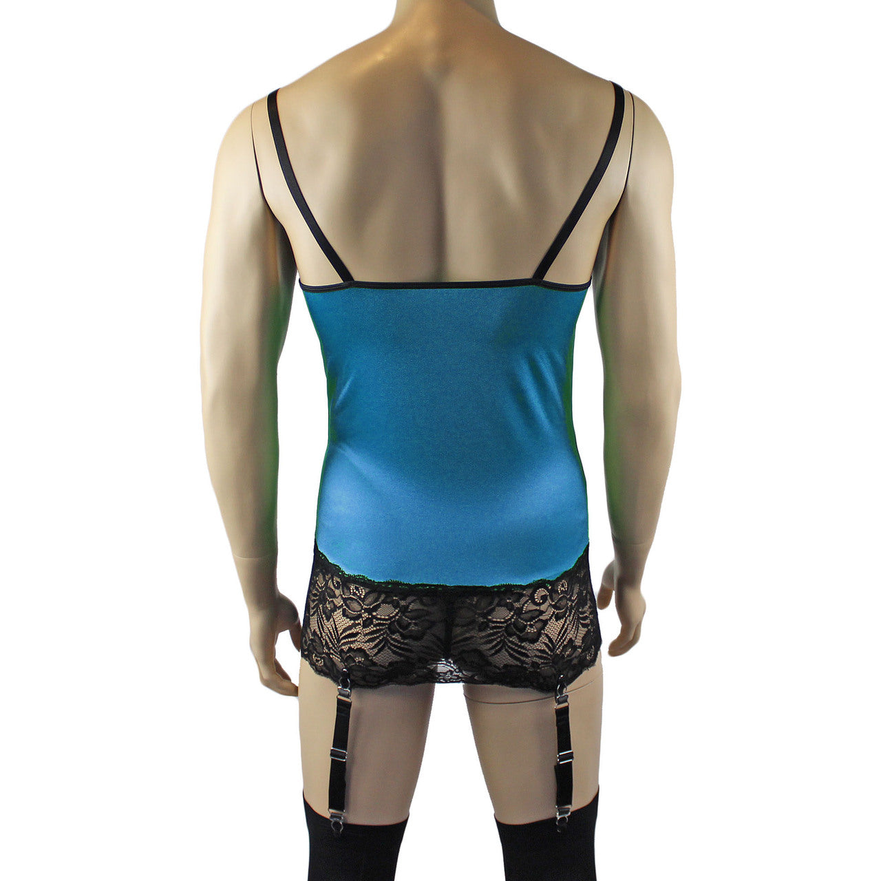 Mens Risque Camisole Mini Dress Chemise, G string & Stockings Teal and Black Lace