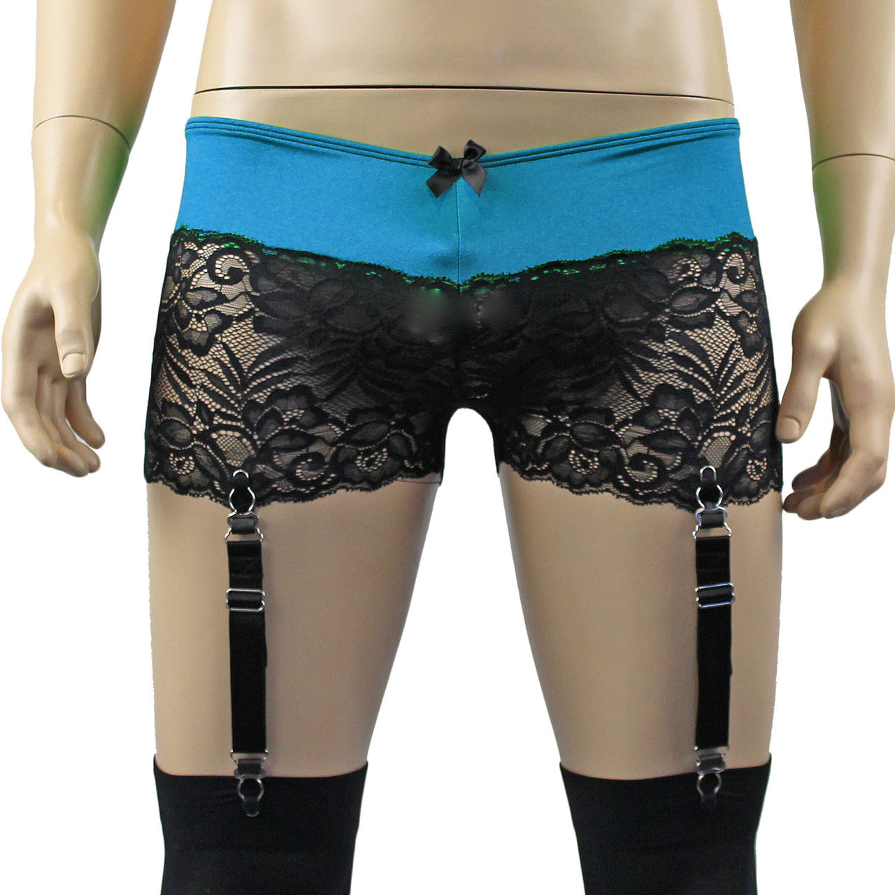 Mens Risque Boxer Briefs with Detachable Garters & Stockings Teal and Black Lace