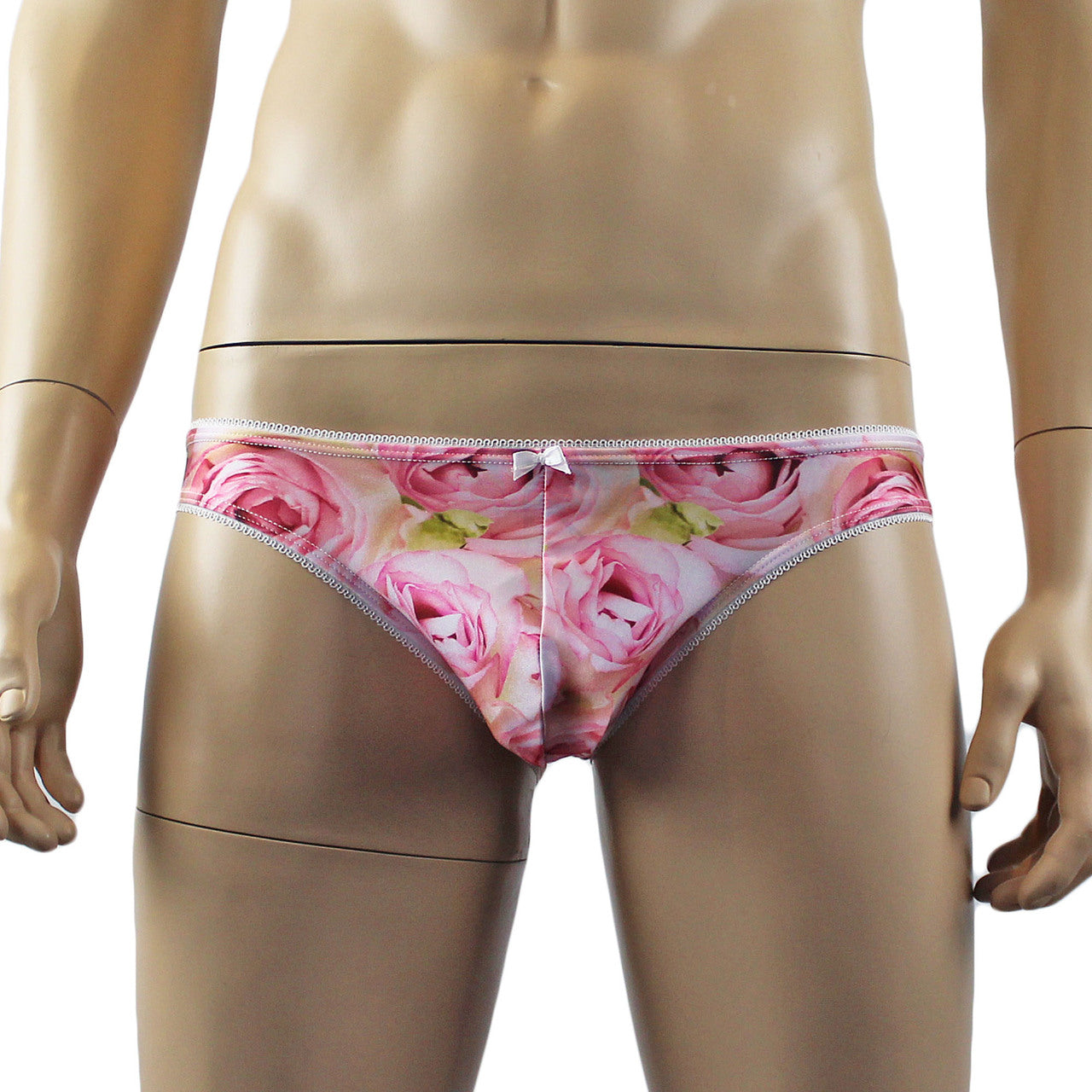 Mens Roses Stretch Spandex Panty Brief with Decorative Pico Elastic Pink