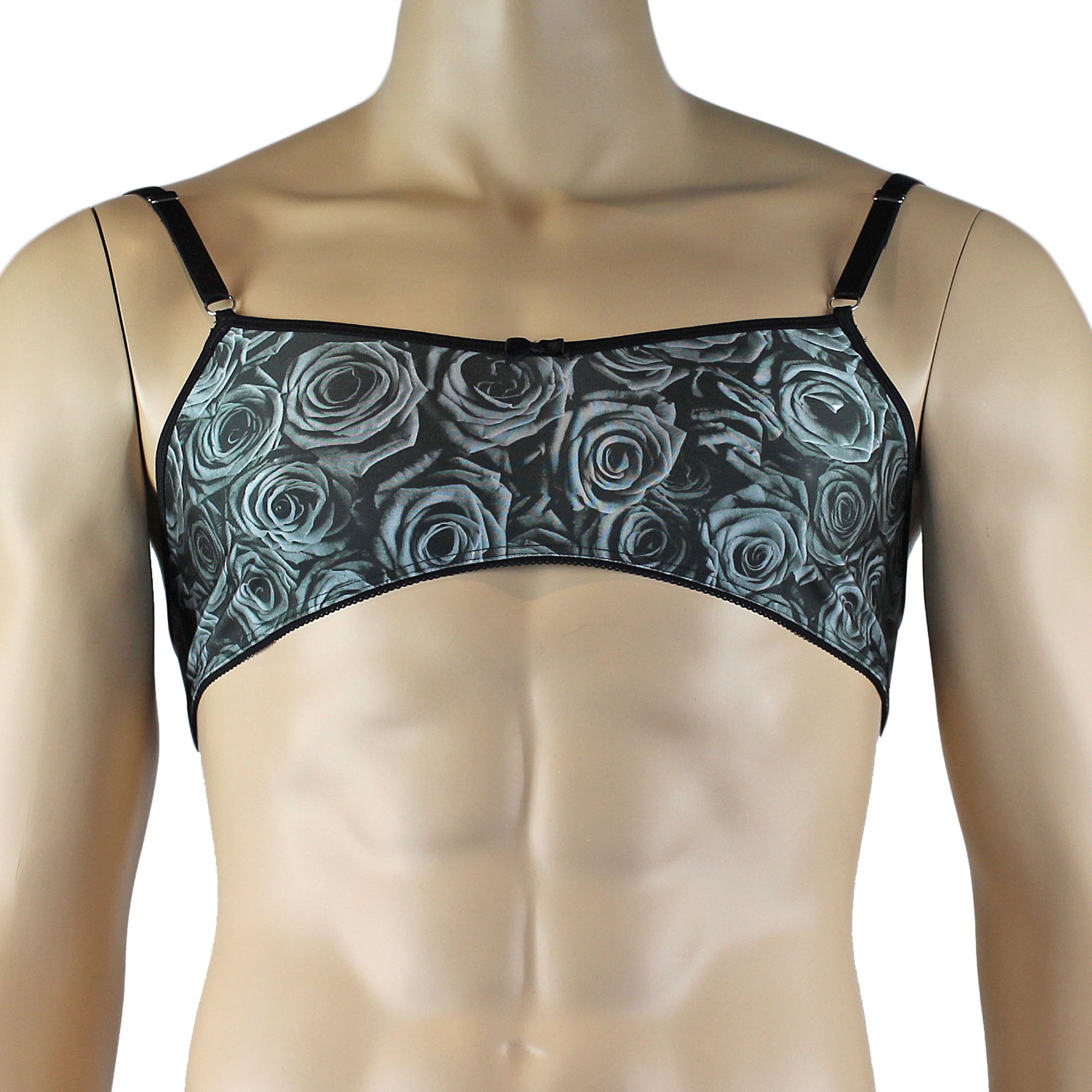 Mens Roses Spandex Bra Top with Frilled Pico Elastic Trim Male Lingerie Grey