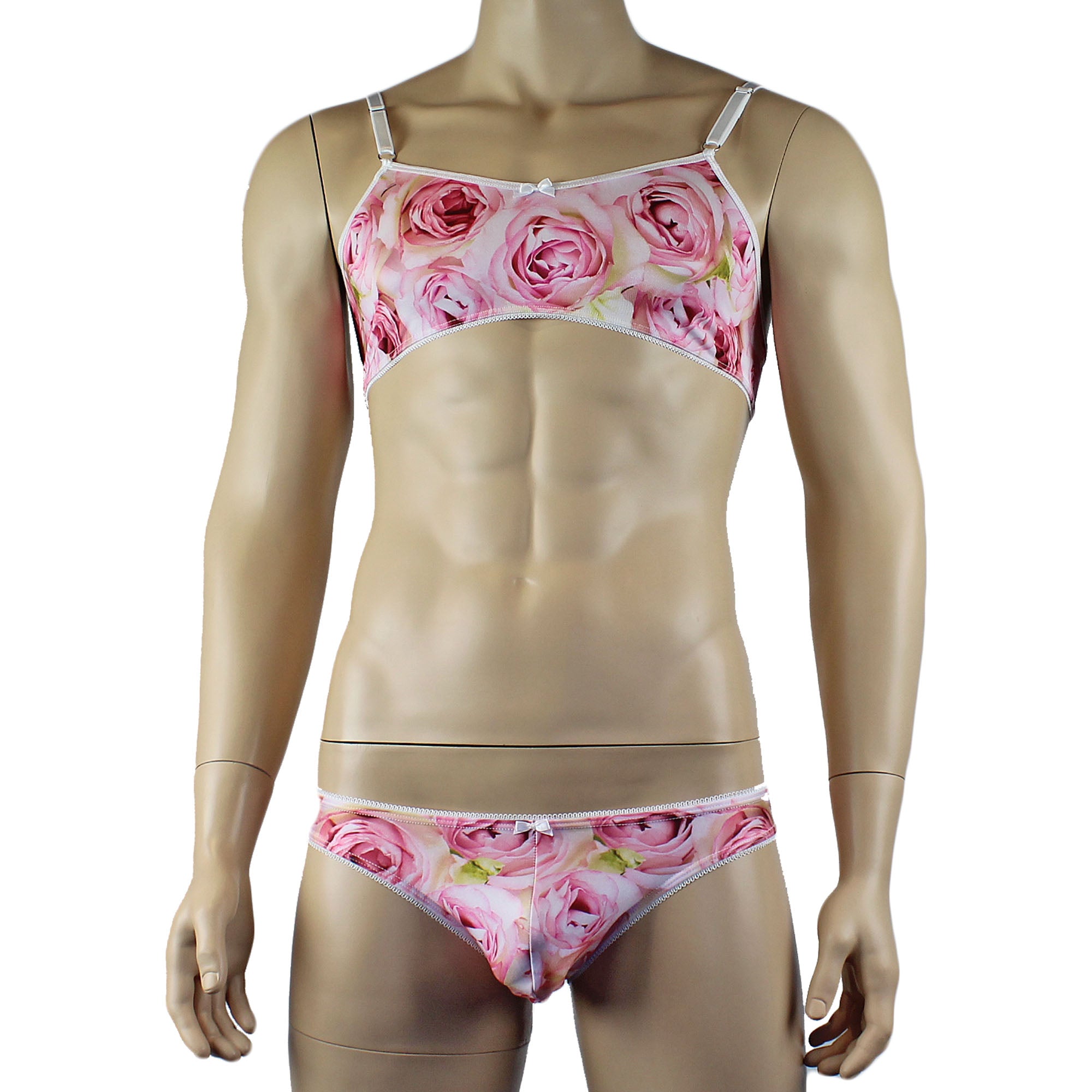 Mens Roses Spandex Bra Top and Bikini Brief with Elastic Pico Trim Pink