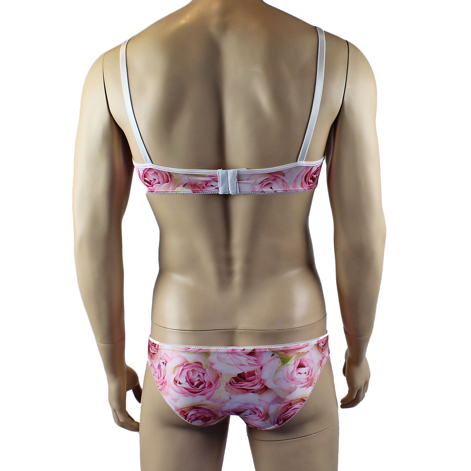 Mens Roses Spandex Bra Top and Bikini Brief with Elastic Pico Trim Pink