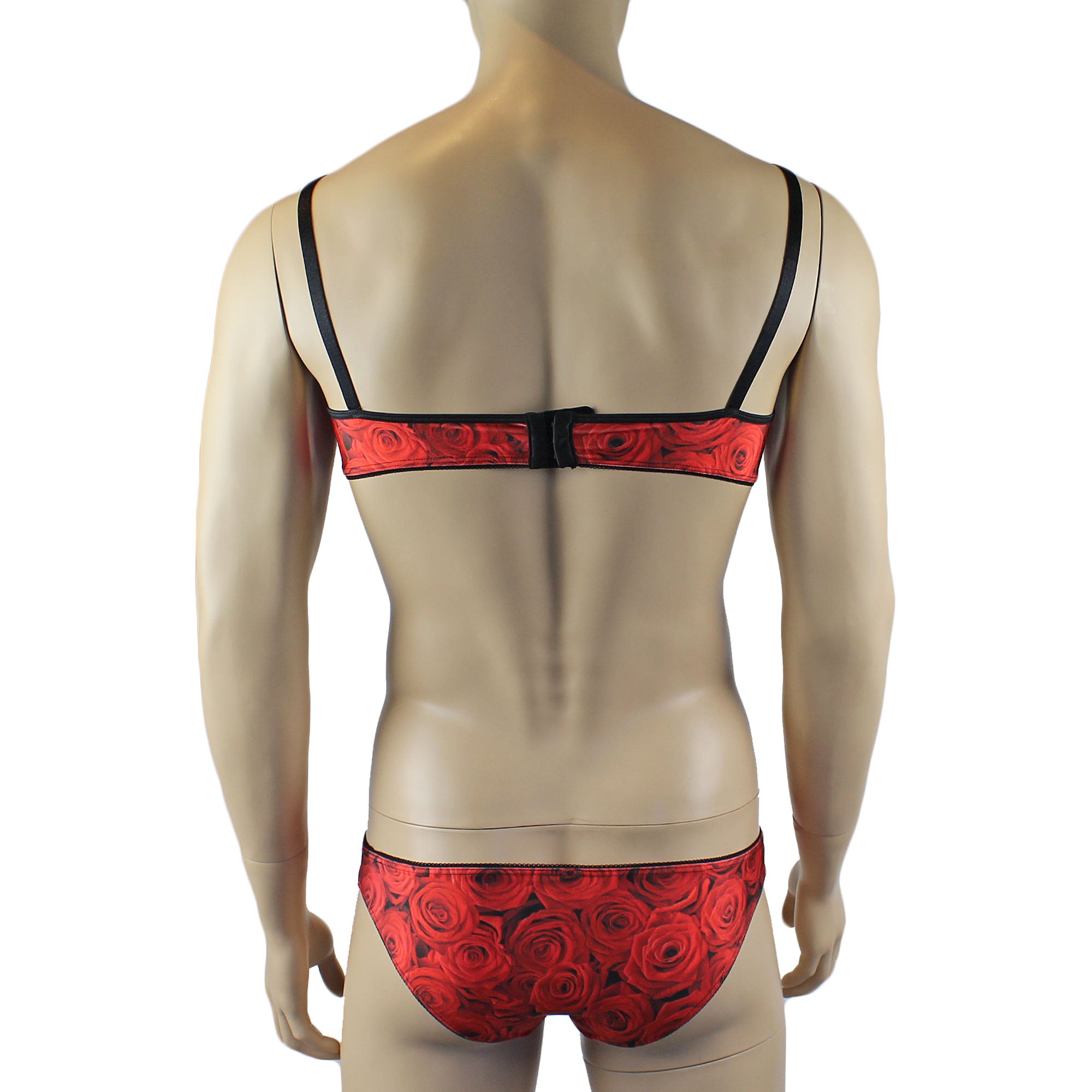 Mens Roses Spandex Bra Top and Bikini Brief with Elastic Pico Trim Red