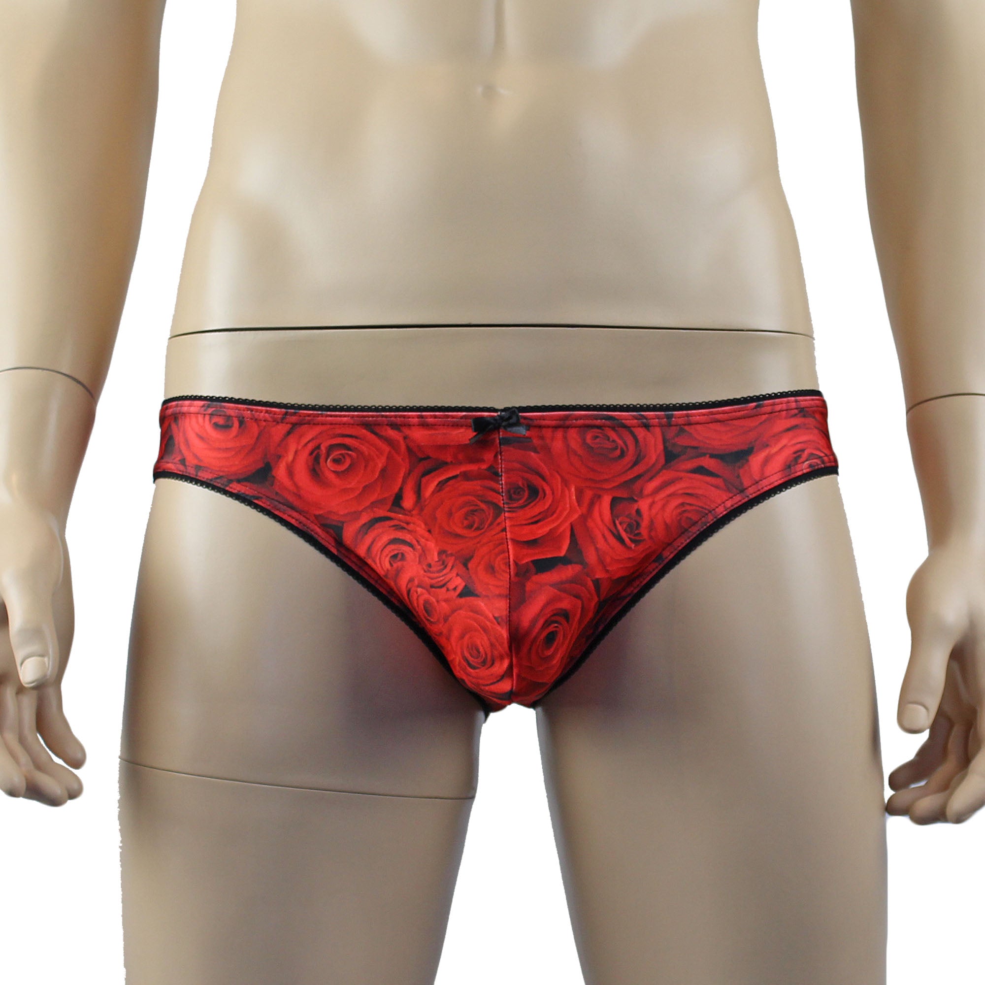 Mens Roses Stretch Spandex Panty Brief with Decorative Pico Elastic Red