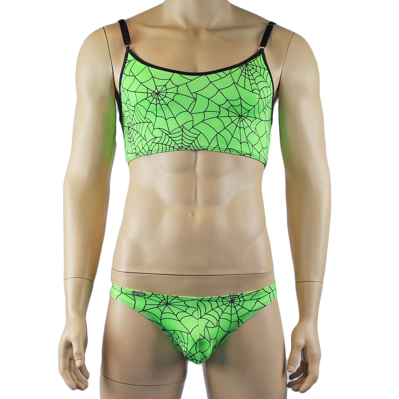 Mens Spider Web Camisole Bra Top & Bikini Brief Lime