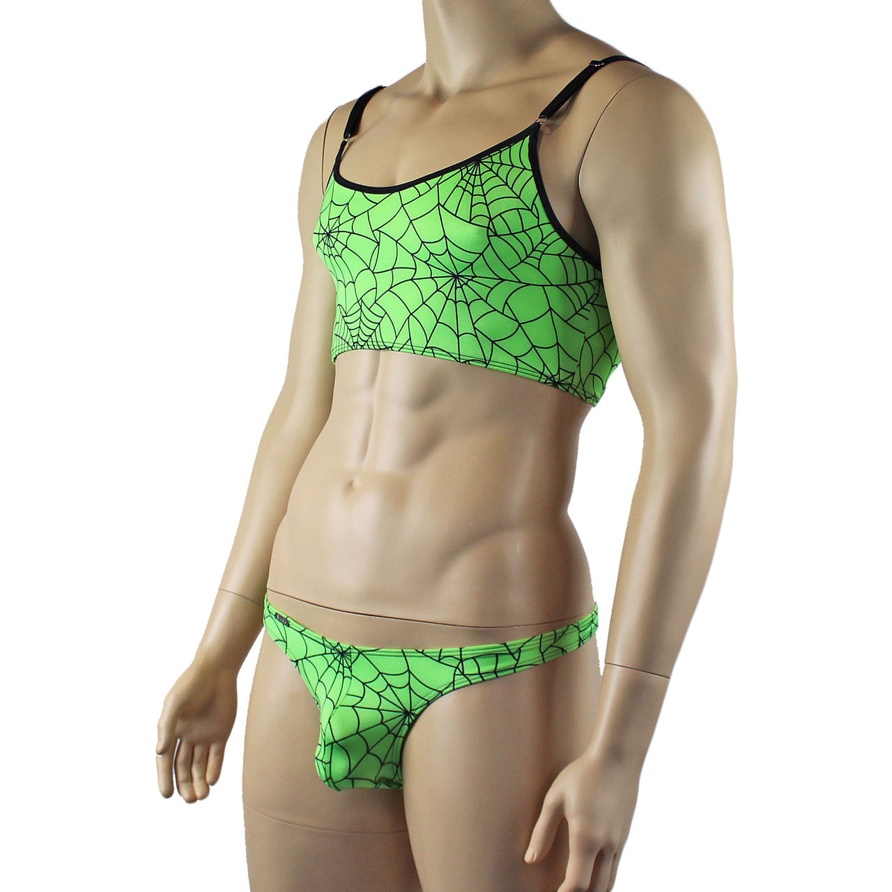 Mens Spider Web Camisole Bra Top & Mini Thong Lime