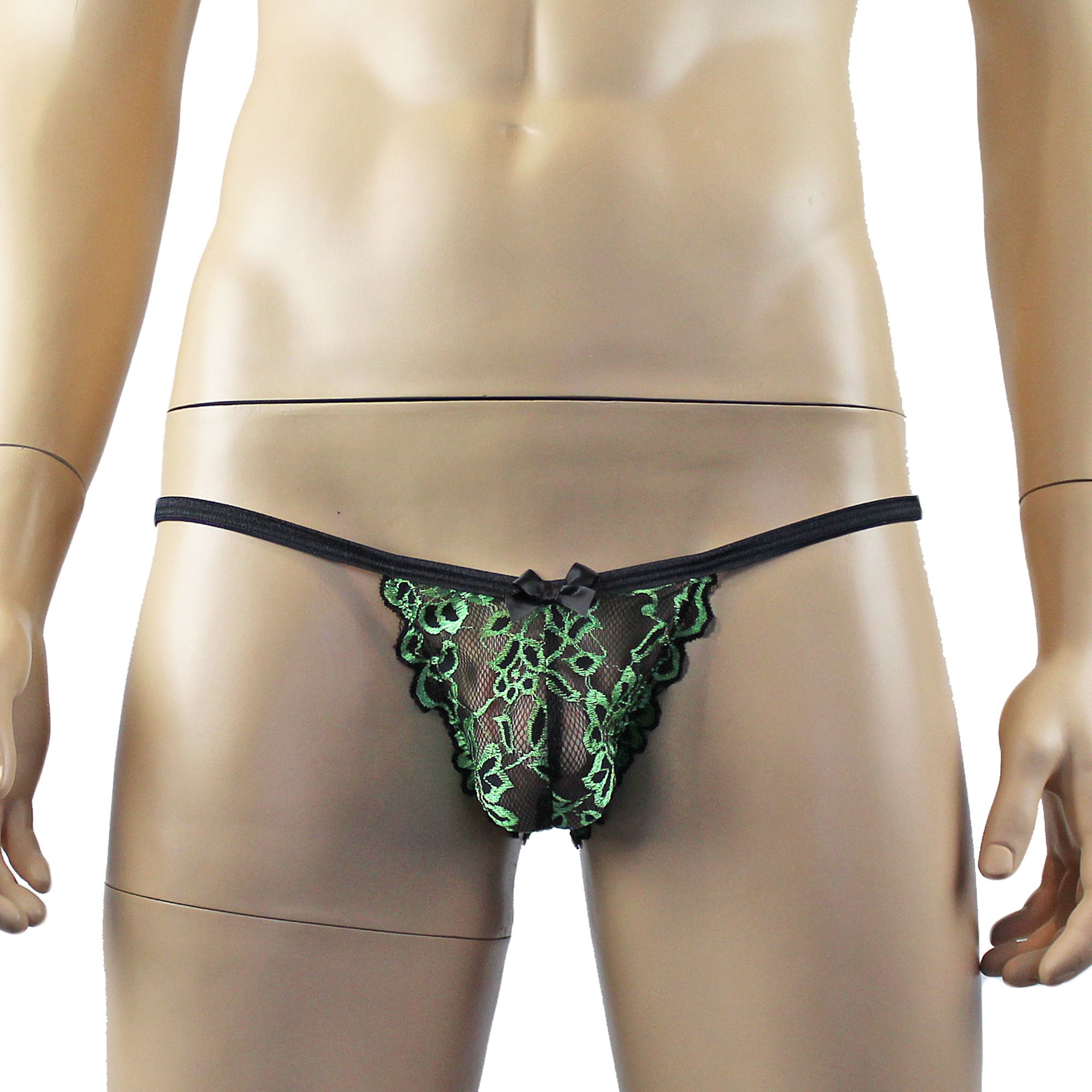 Mens Sassy Stretch Glitter Lace Pouch G string Black & Green