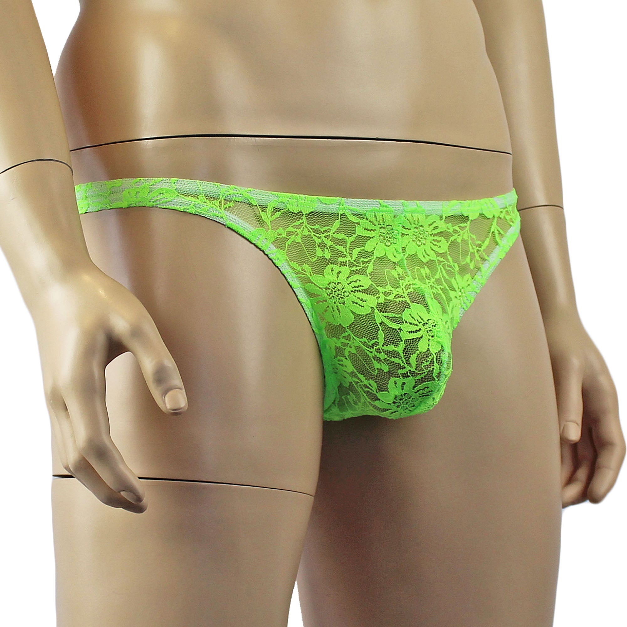 Mens Sexy Lingerie Lace Thong G string Neon Green