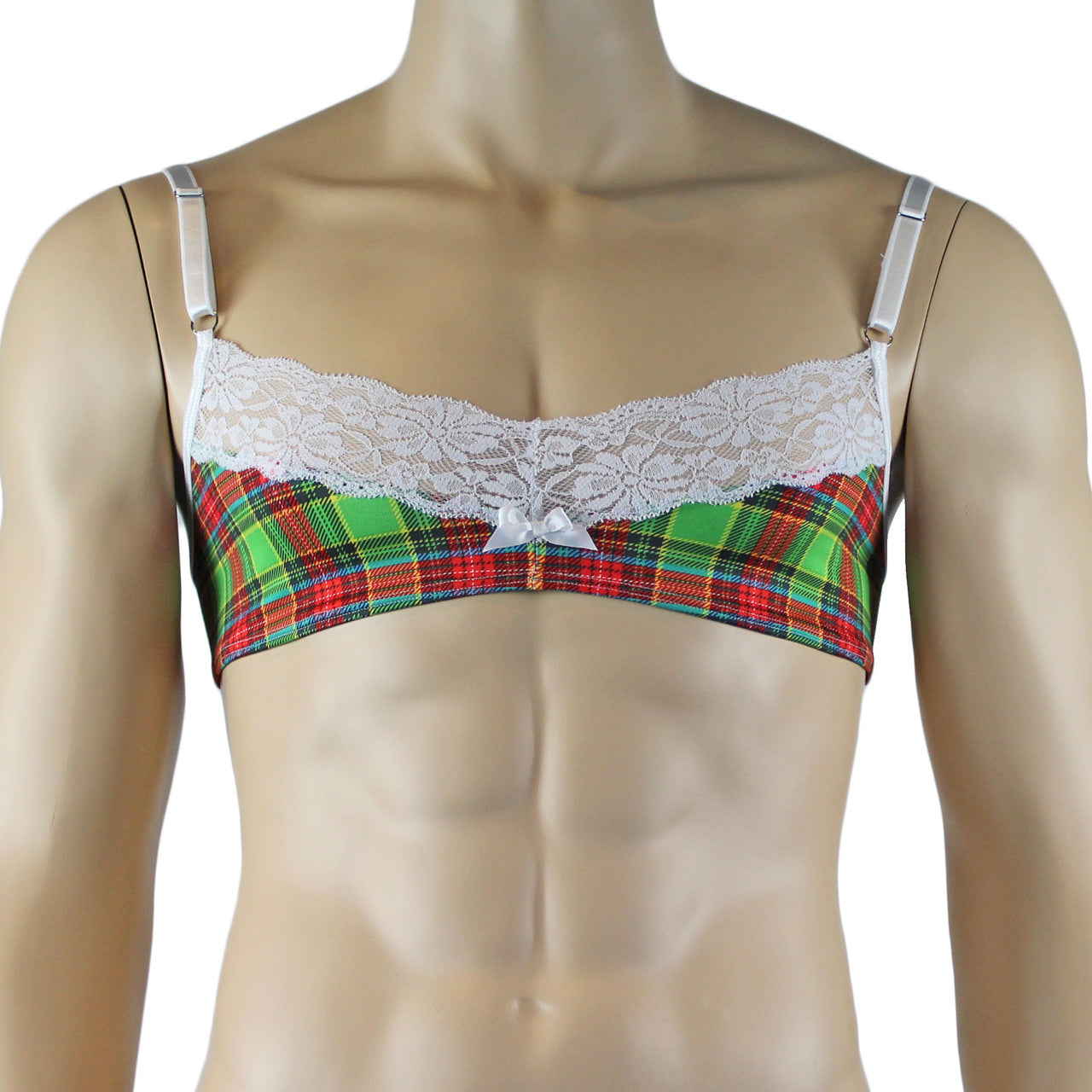 Mens Plaid Tartan Bra Top with floral Lace Detail Green and Red