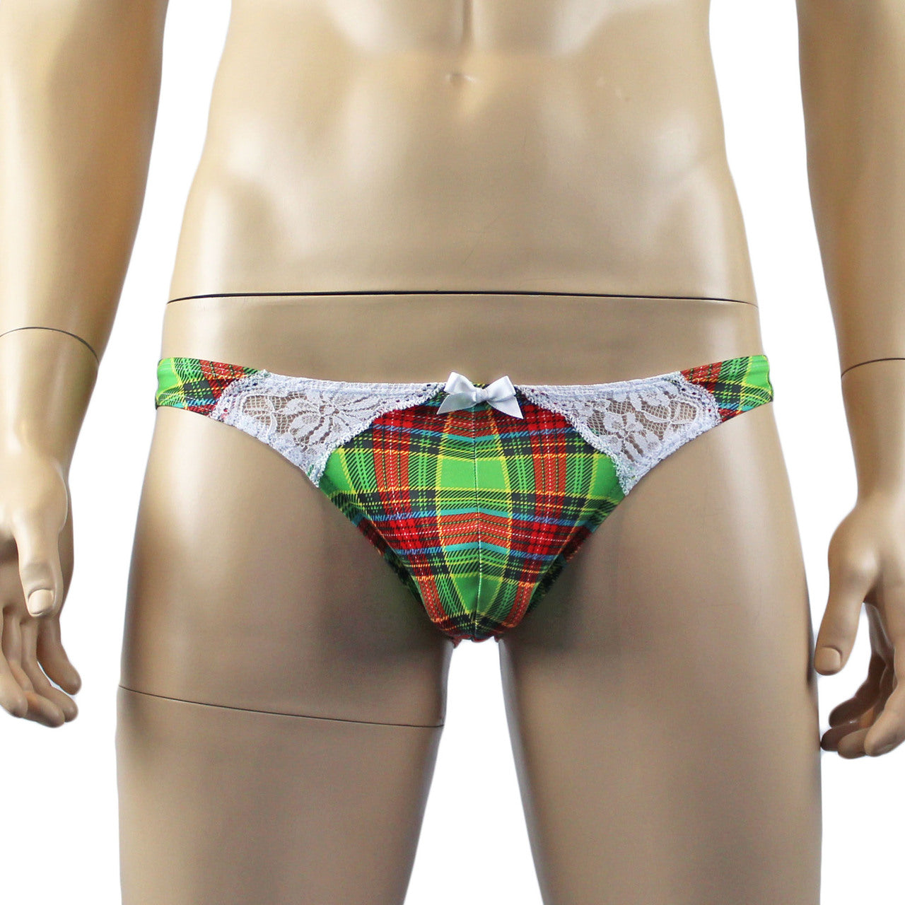 Mens Plaid Tartan Low Rise Bikini Briefs with Lace Trim Green and Red