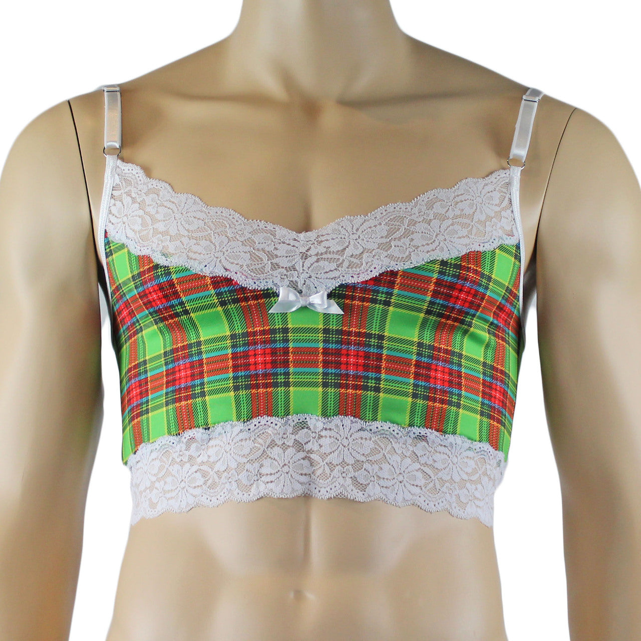 Mens Plaid Tartan Camisole Top with Lace Green and Red