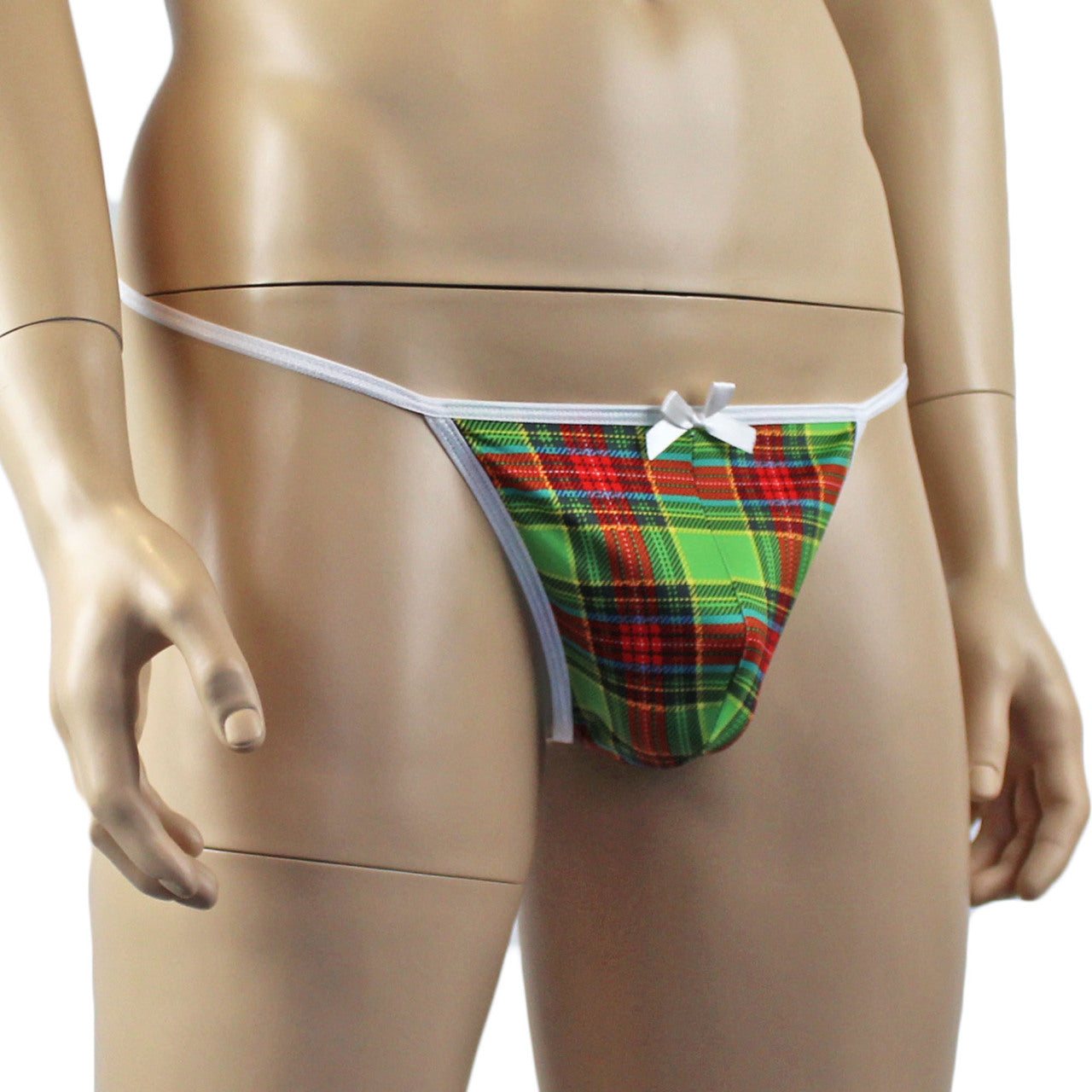 Mens Plaid Tartan Pouch G string with Bow Green and Red