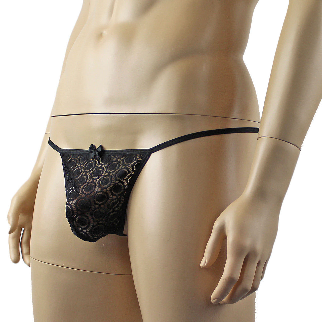 Mens Tease Circle Lace Pouch G string with Cute Bow Front Black