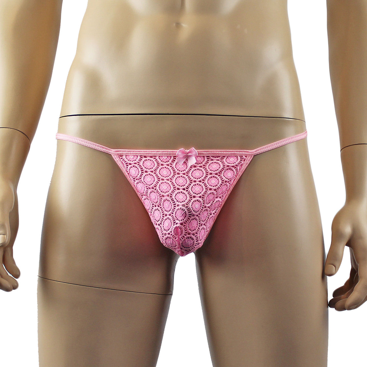 Mens Tease Circle Lace Pouch G string with Cute Bow Front Light Pink
