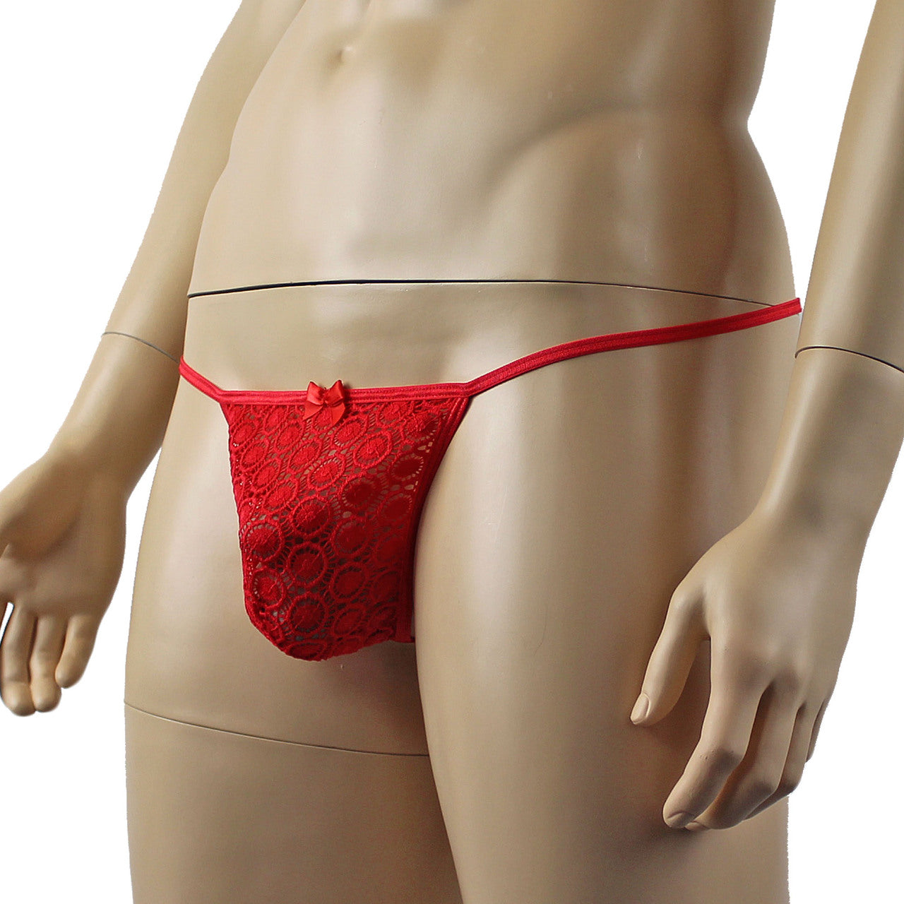 Mens Tease Circle Lace Pouch G string with Cute Bow Front Red