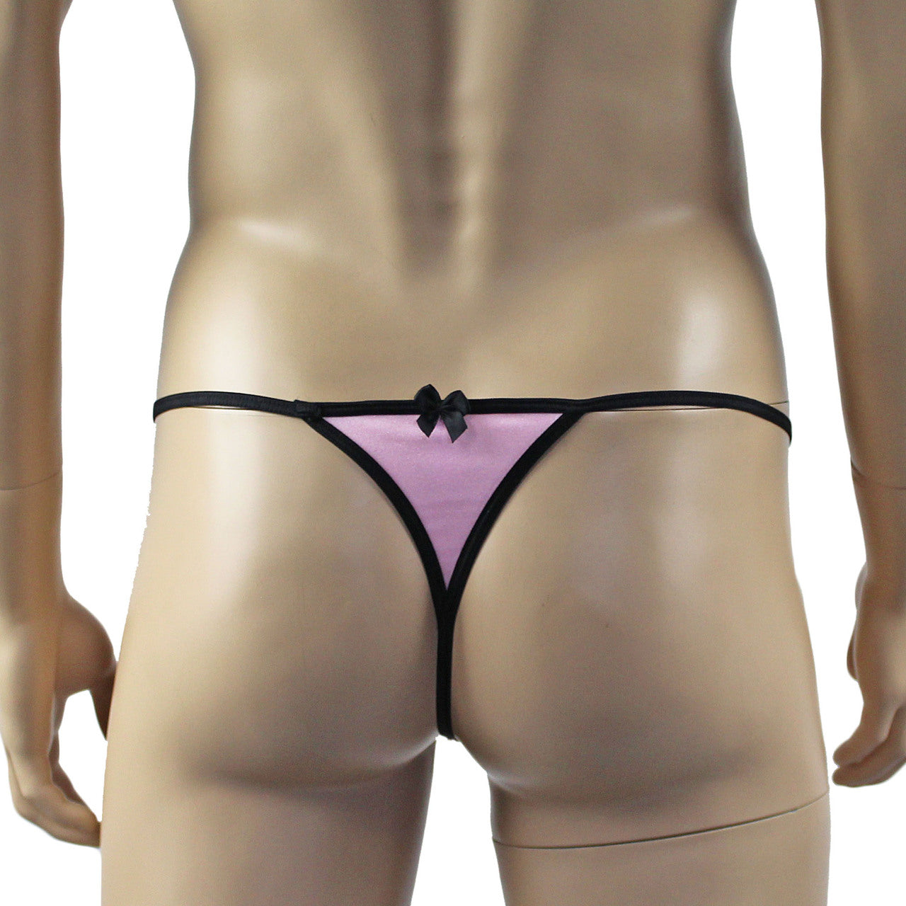 Mens Twinkle Lingerie Spandex Mini G string with Bow, Light Pink & Black