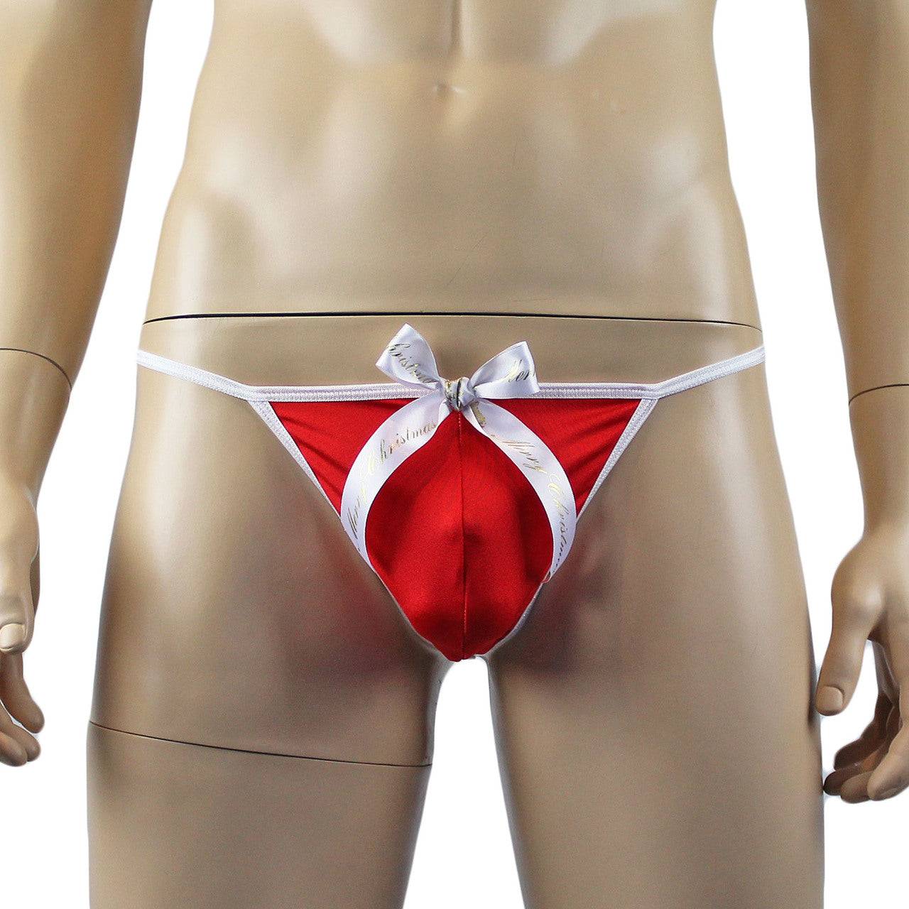 Mens Xmas Stretch Spandex Pouch G string with Merry Christmas Bow Red and White