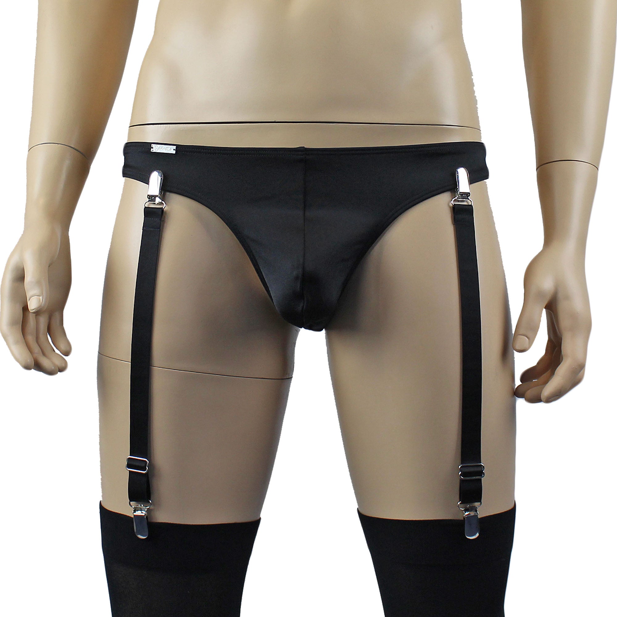 Mens Mick Thong with the Zoe, Detachable Garters & Stockings Black