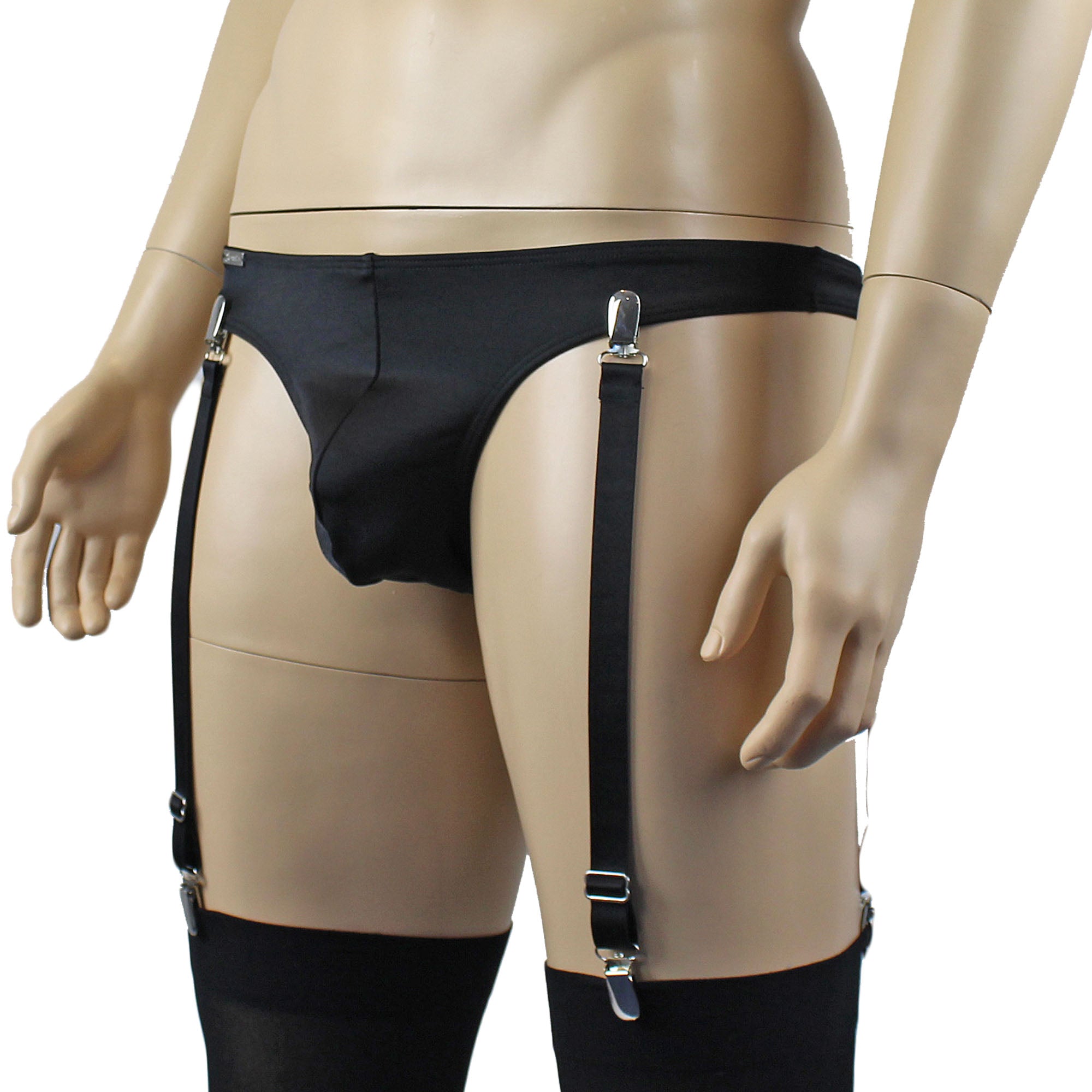 Mens Mick Thong with the Zoe, Detachable Garters & Stockings Black