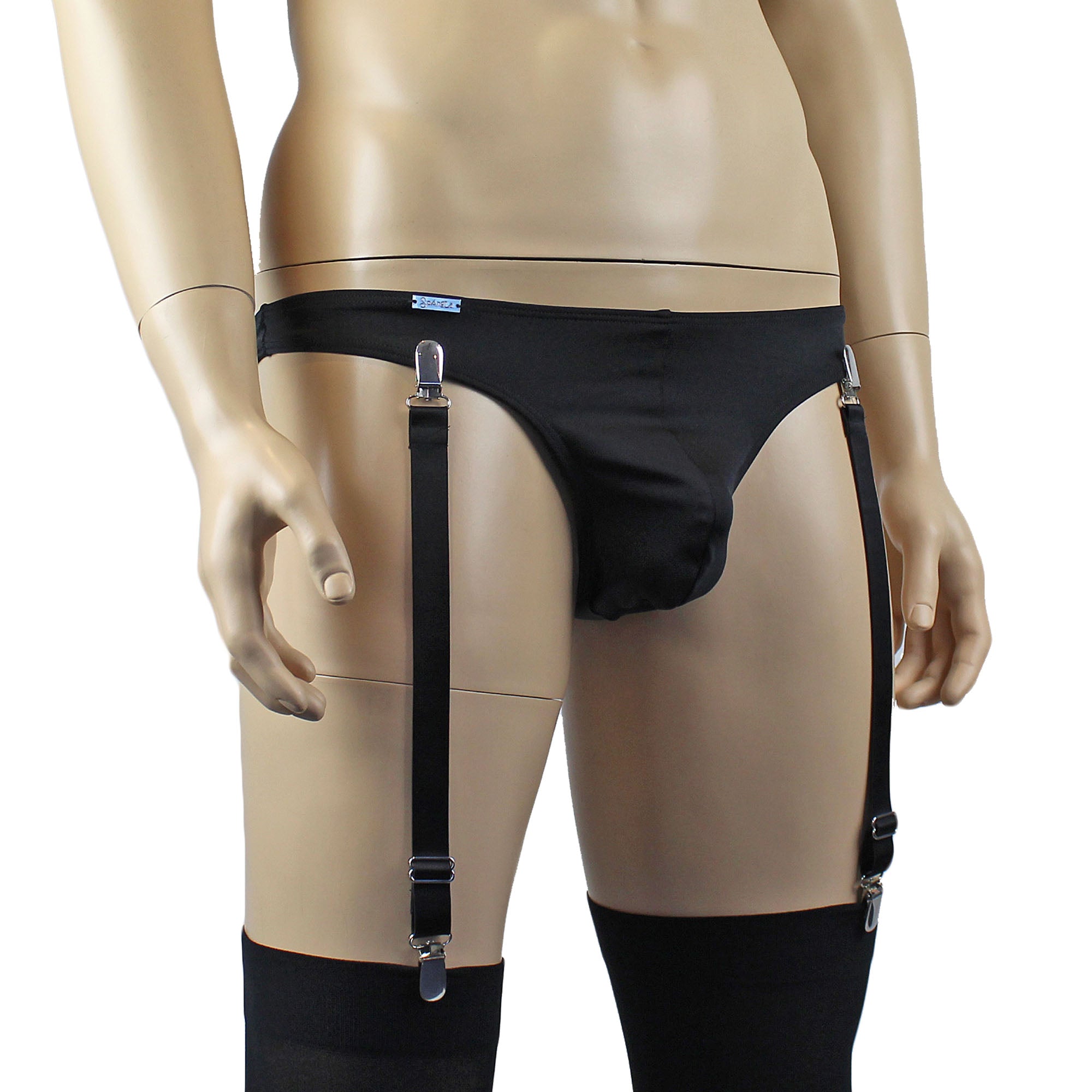 Mens Mick Thong with the Zoe, Detachable Garters & Stockings Black