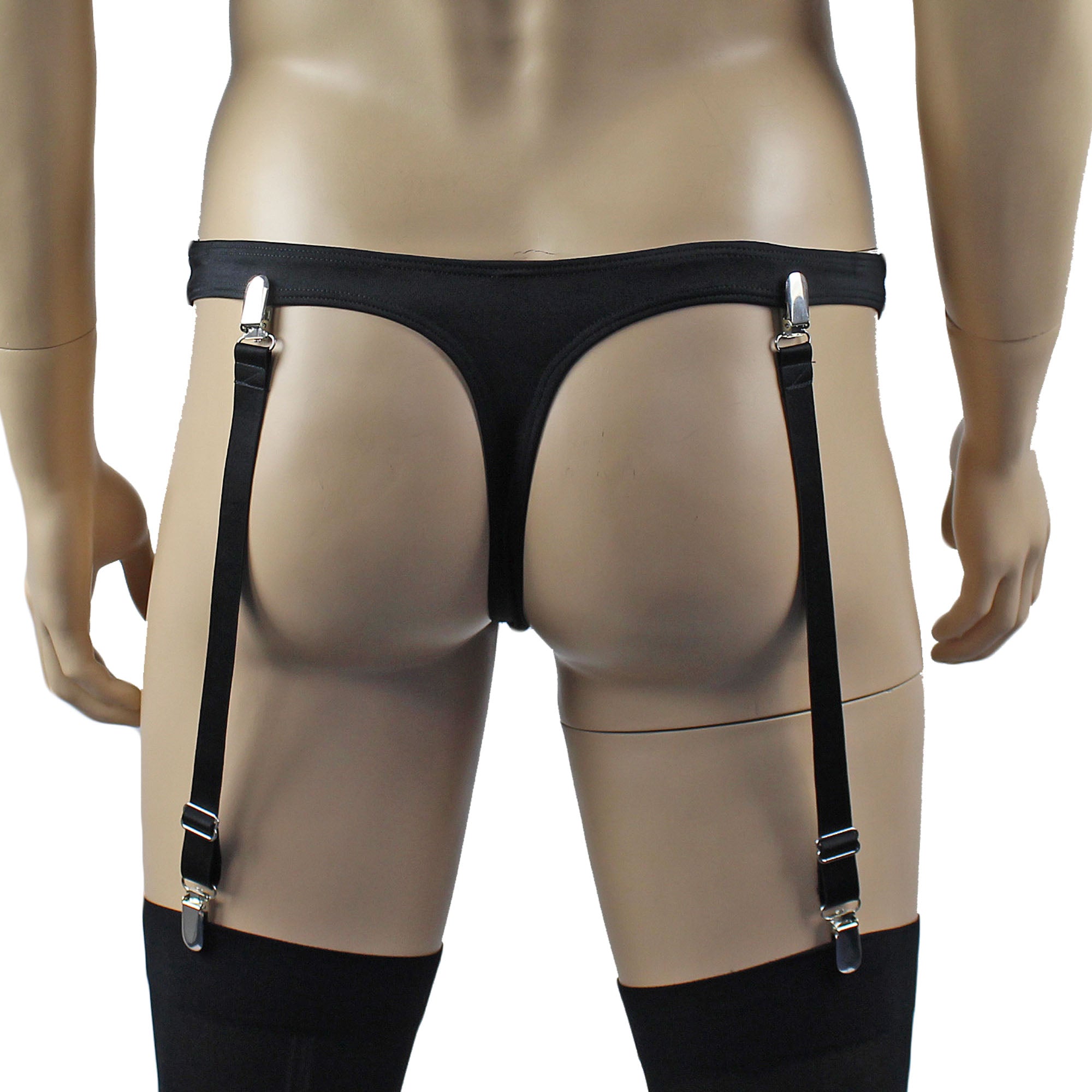 Mens Mick Thong with the Zoe, Detachable Garters & Stockings Black